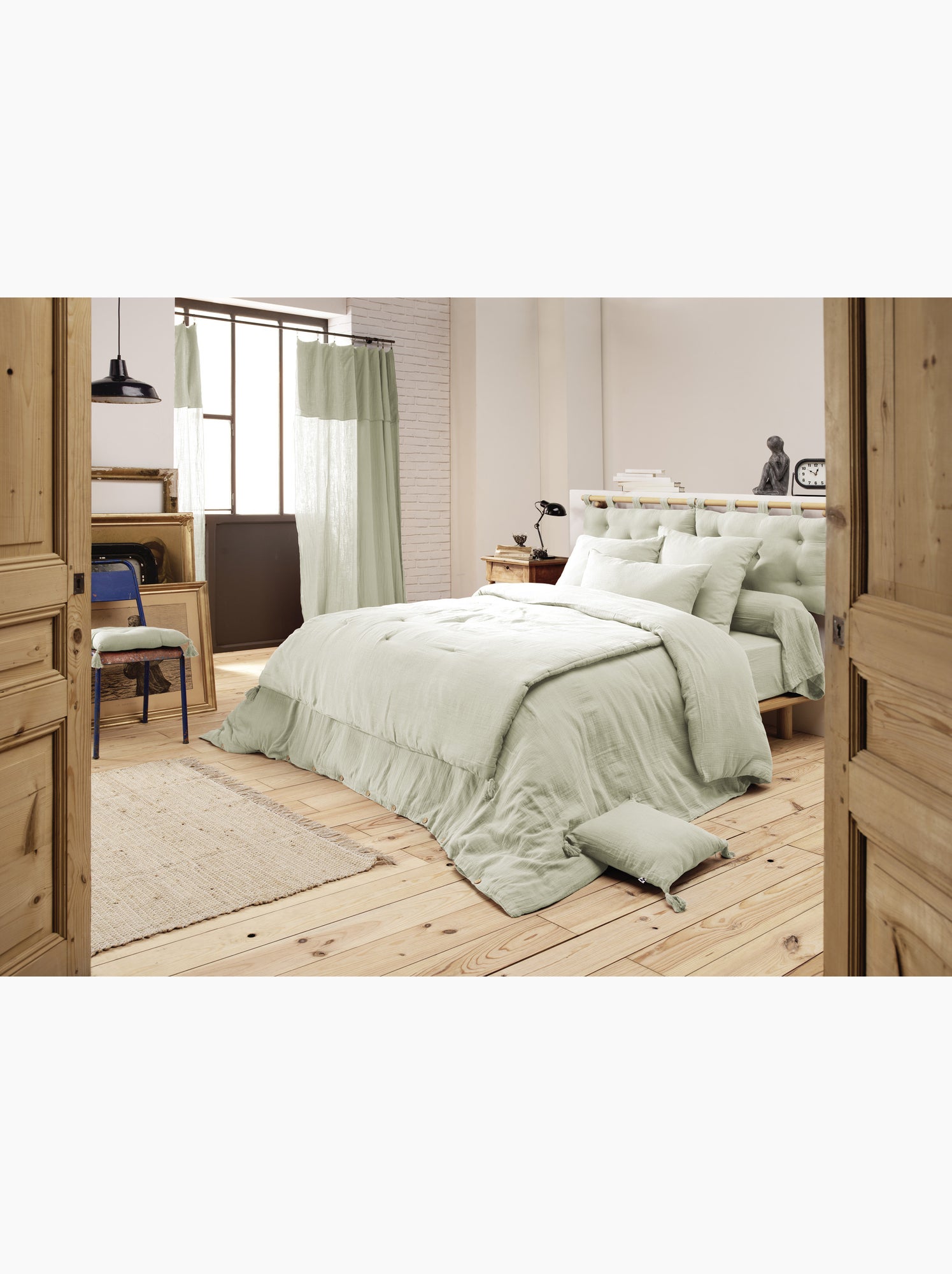 Pack gaze de coton — parure de couette + drap housse + 2 taies - Vert d'eau