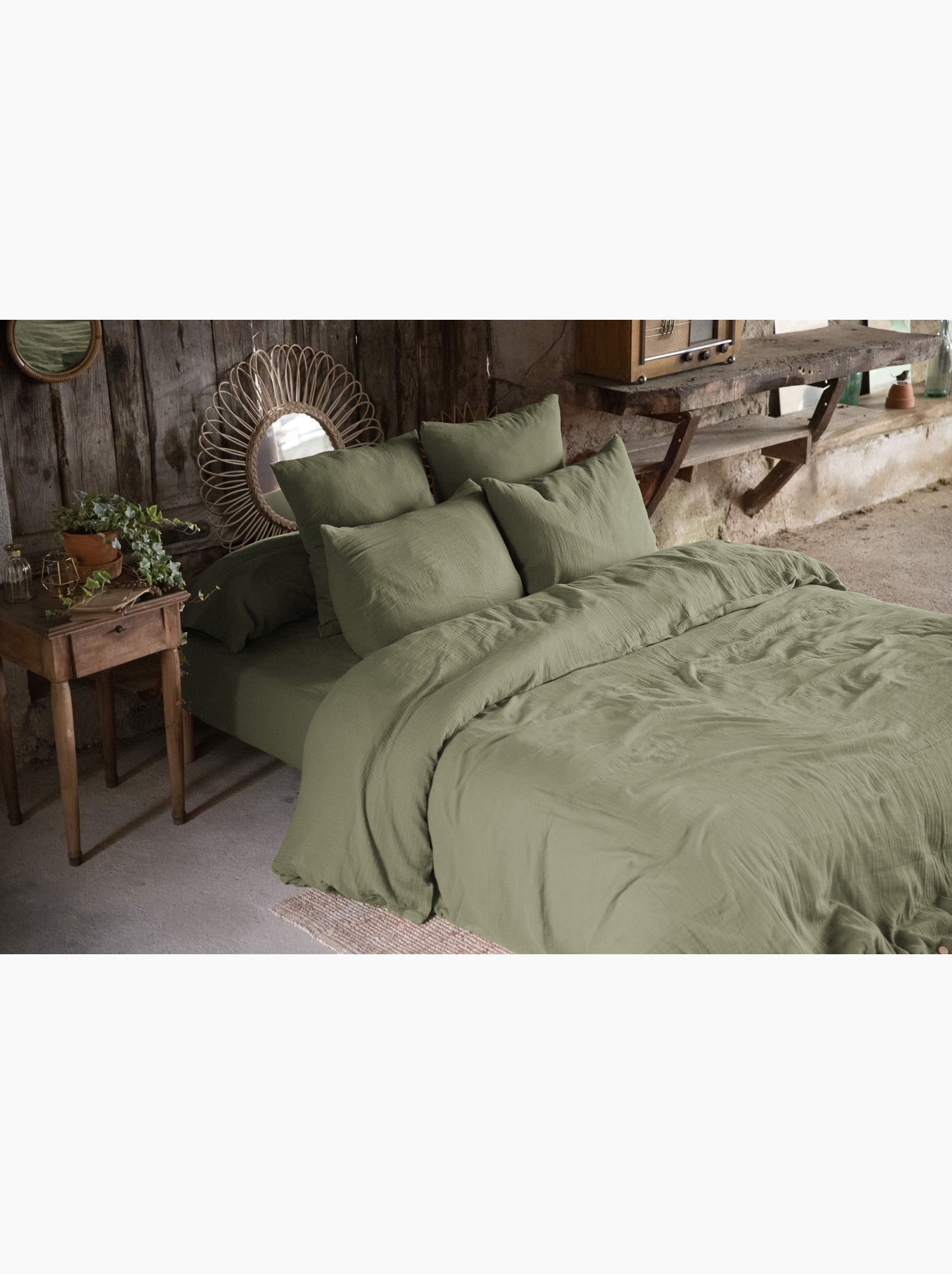 Pack gaze de coton — parure de couette + drap housse + 2 taies - Vert romarin