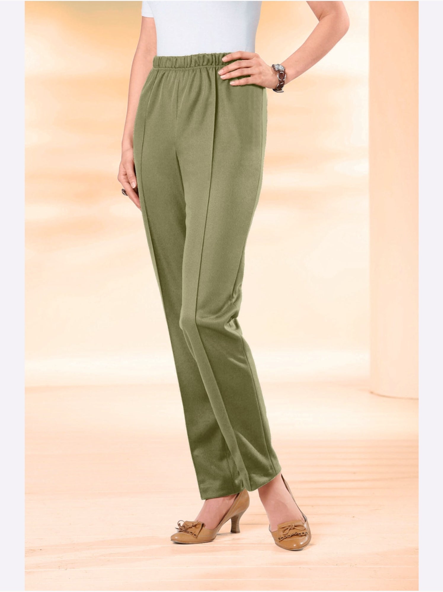 Pantalon à ceinture élastique avec plis et structure côtelée - taille standard - moda vilona - Bleu Vert Gris