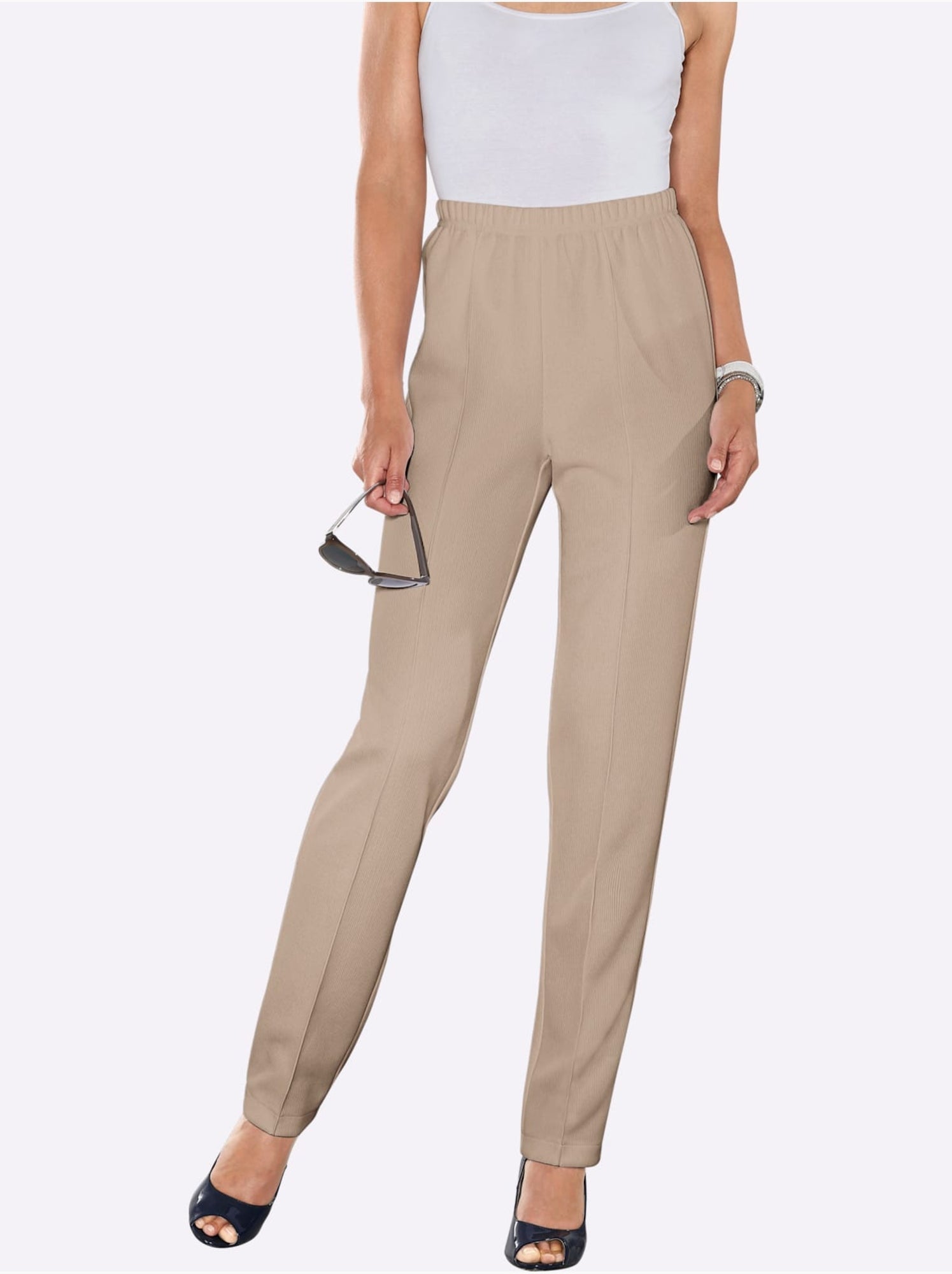 Pantalon à ceinture élastique avec plis et structure côtelée - taille standard - moda vilona - Beige