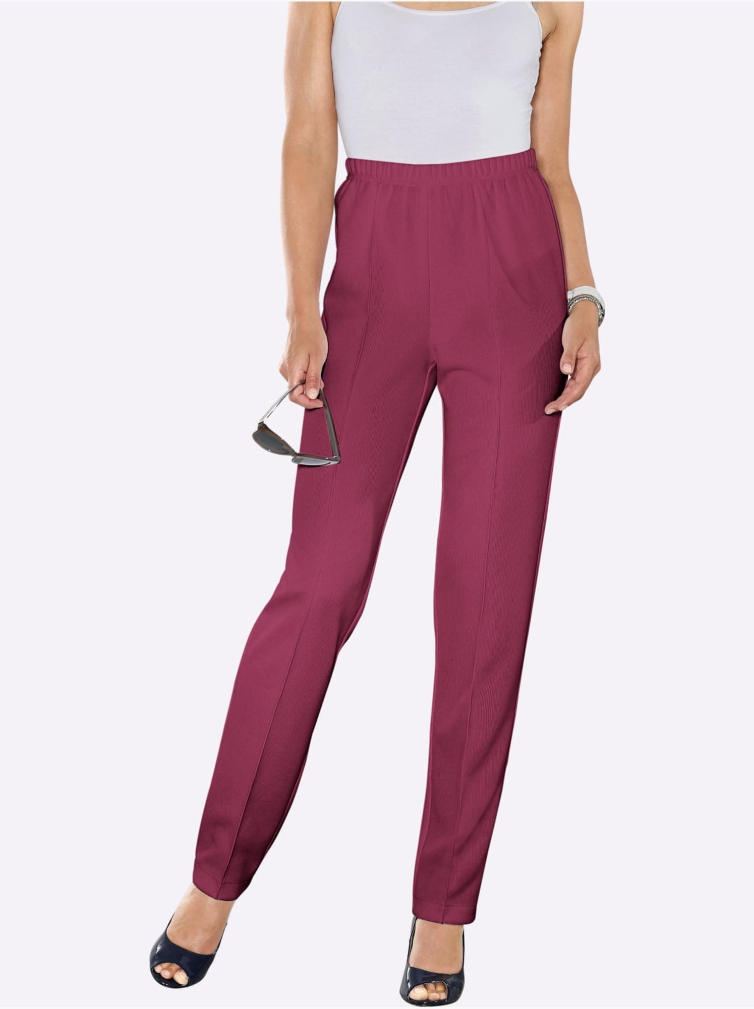 Pantalon à ceinture élastique avec plis et structure côtelée - taille standard - moda vilona - Bordeaux