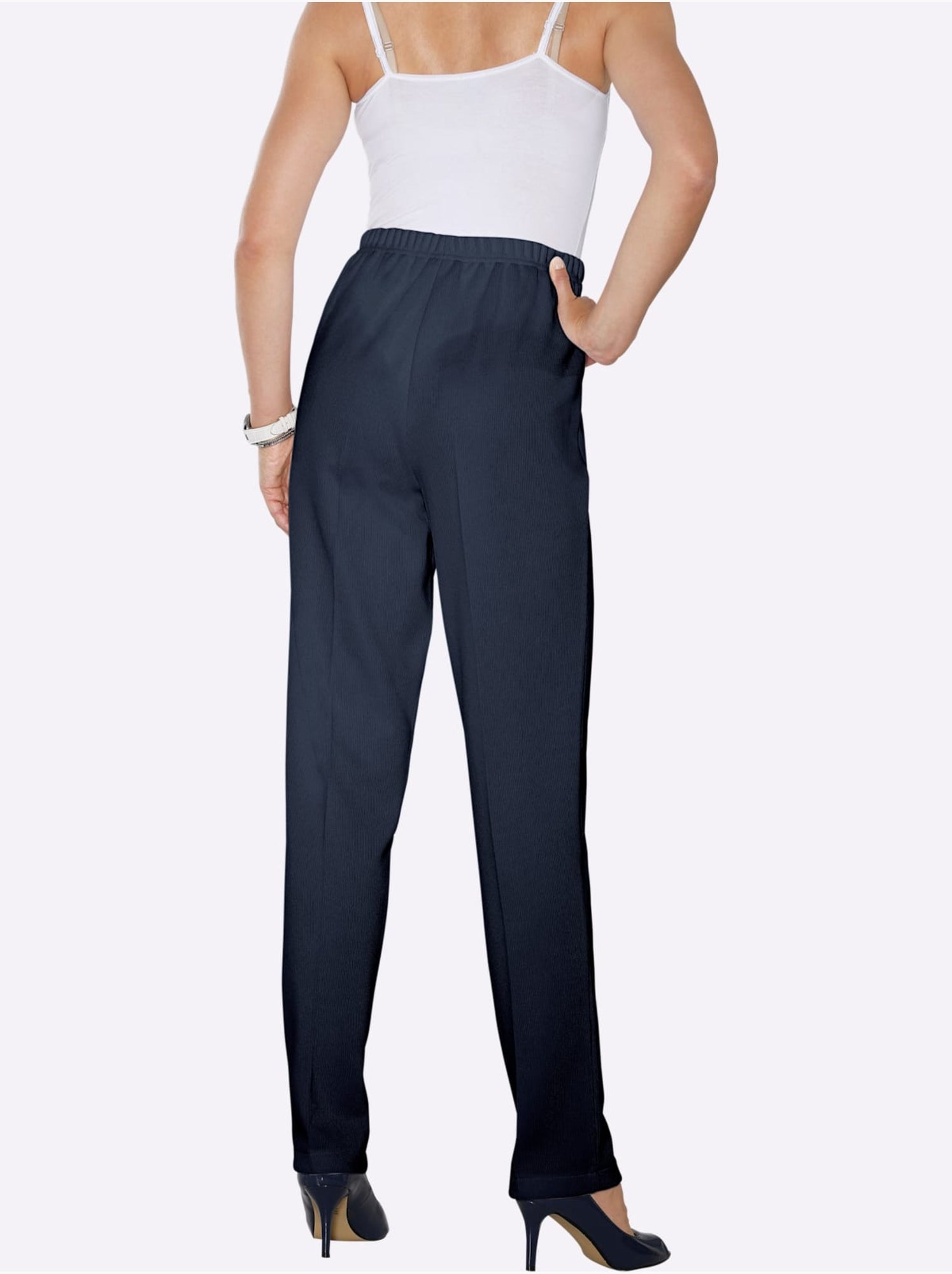 Pantalon à ceinture élastique avec plis et structure côtelée - taille standard - moda vilona - Bleu marine