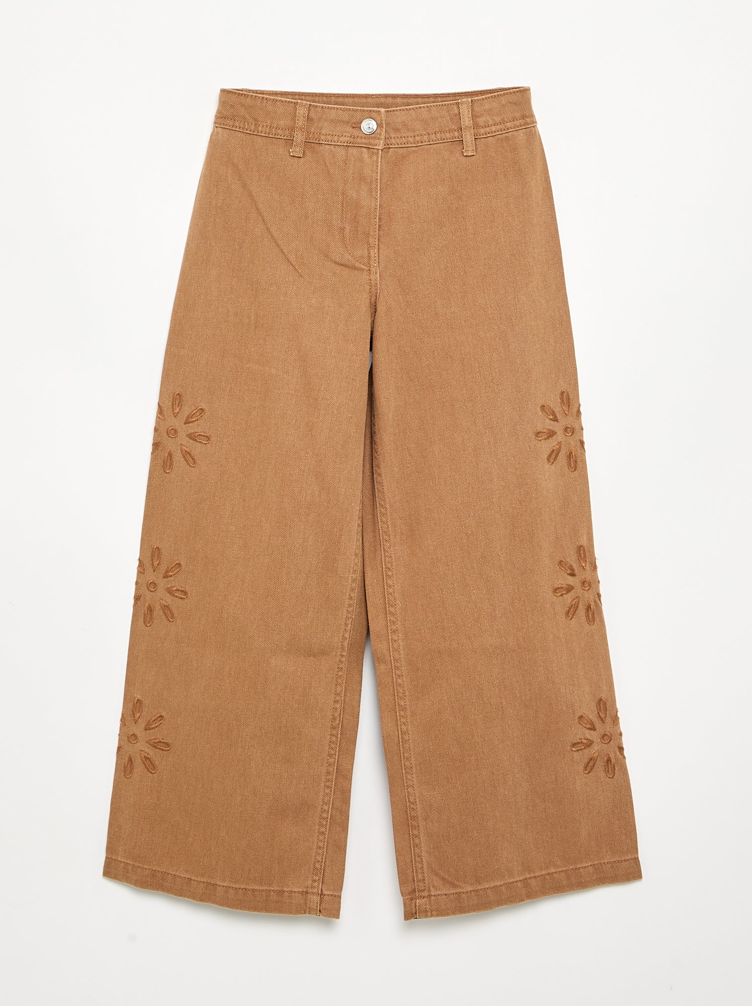 Pantalon ample avec broderies 'fleurs' - Marron