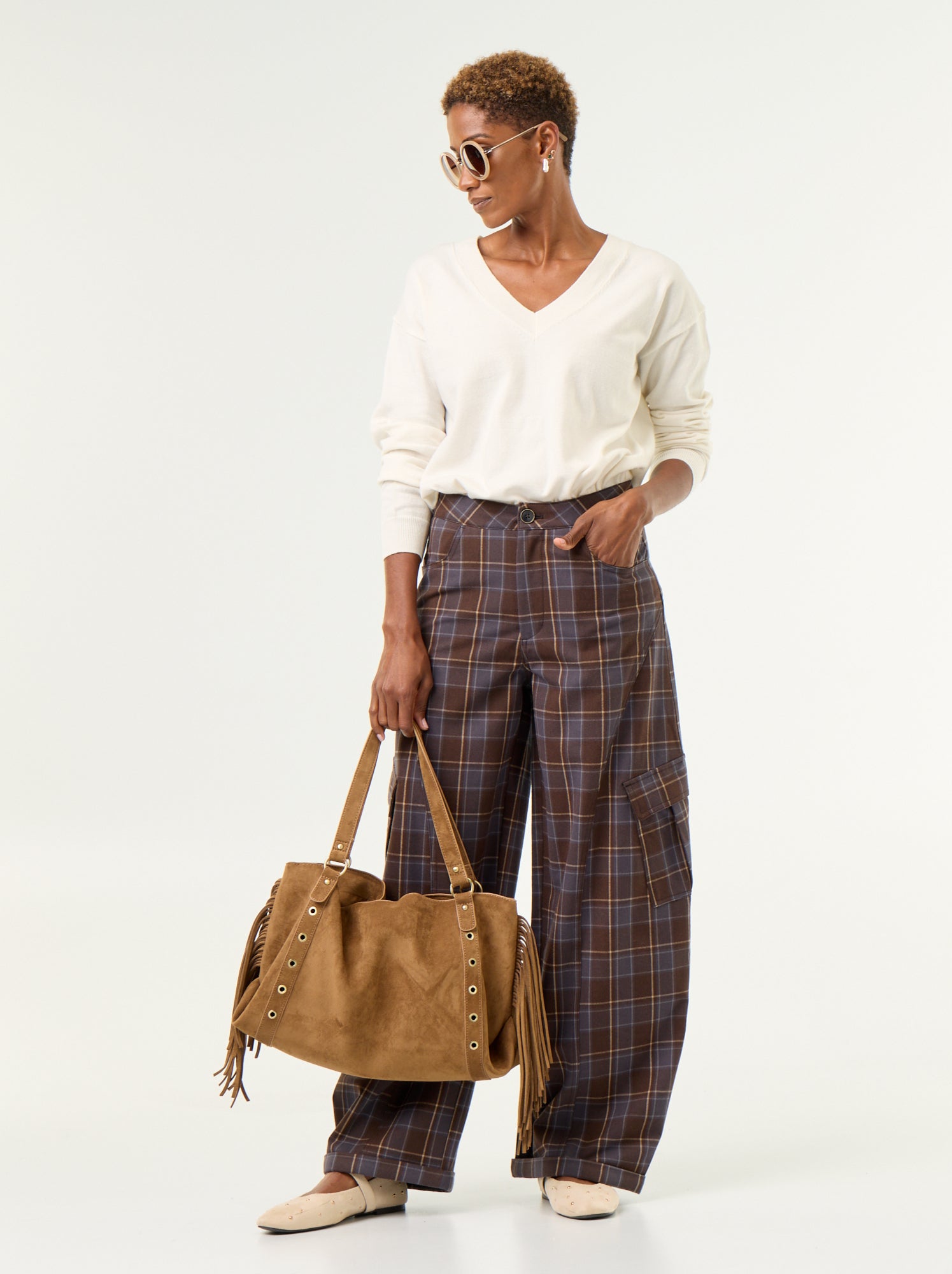 Pantalon boule à carreaux - Marron