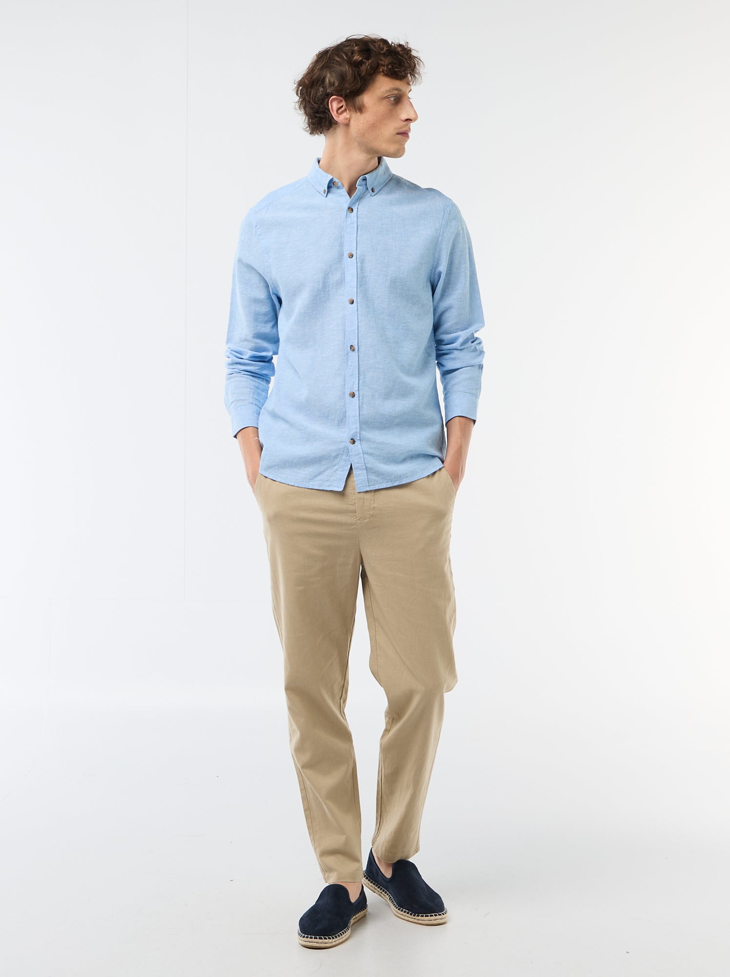 Pantalon chino regular en lin mélangé - Beige