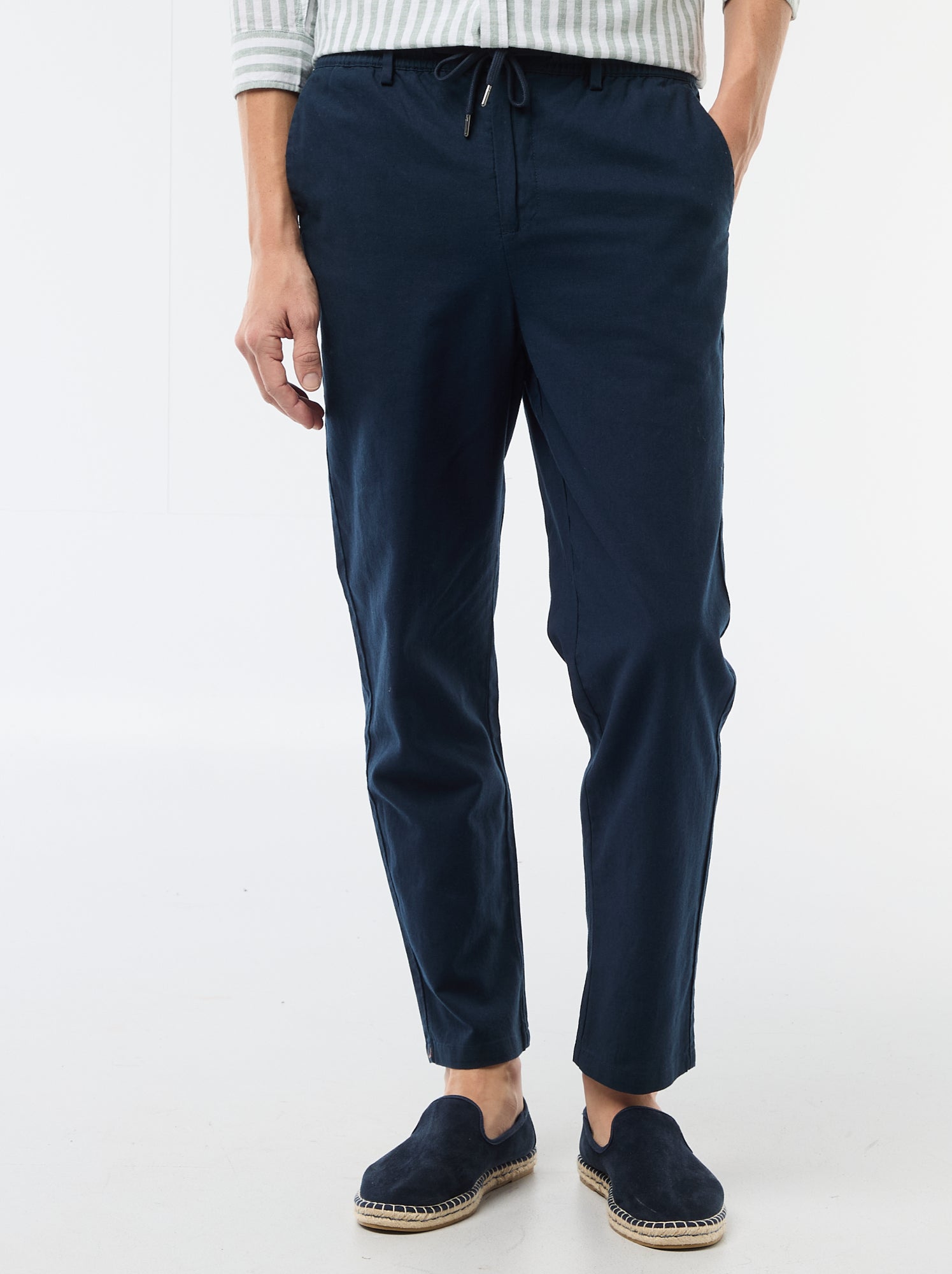 Pantalon chino regular en lin mélangé - Bleu