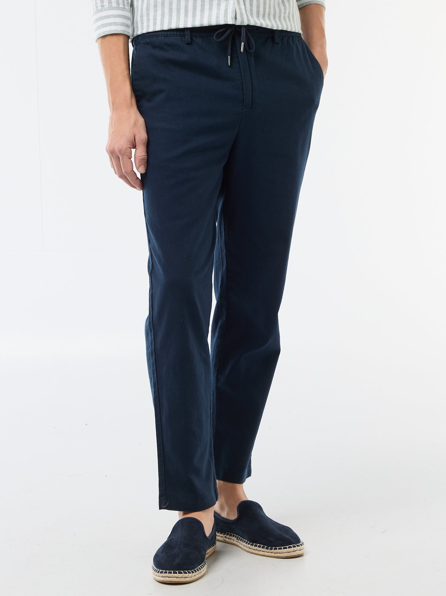 Pantalon chino regular en lin mélangé - Bleu