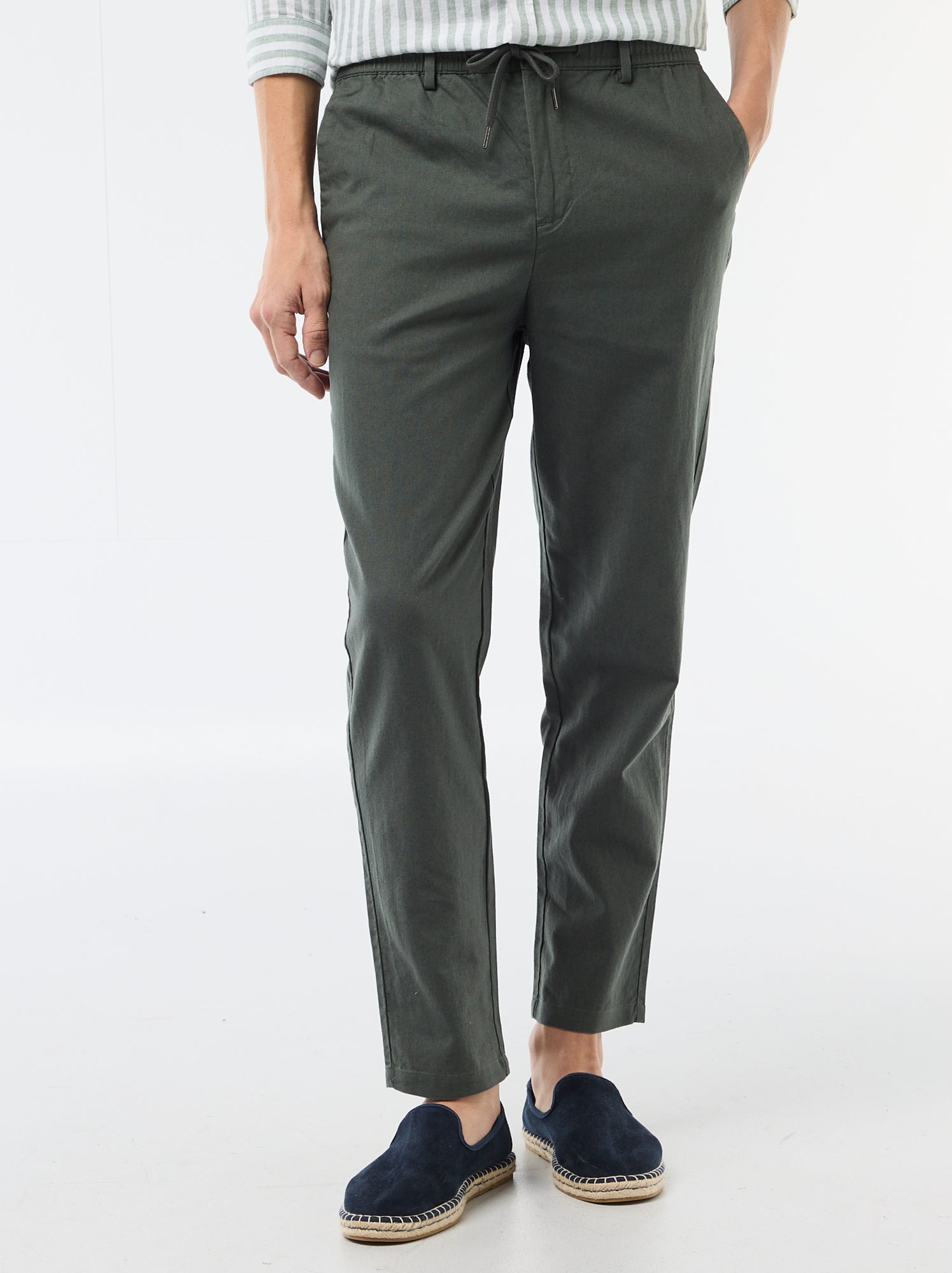 Pantalon chino regular en lin mélangé - Vert