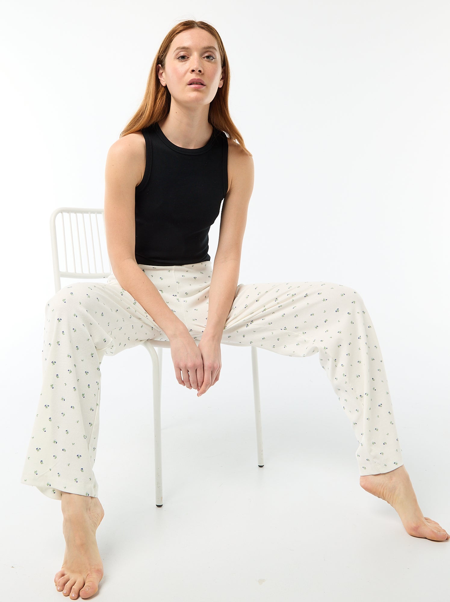 Pantalon côtelé de nuit all-over 'fleur' - Blanc