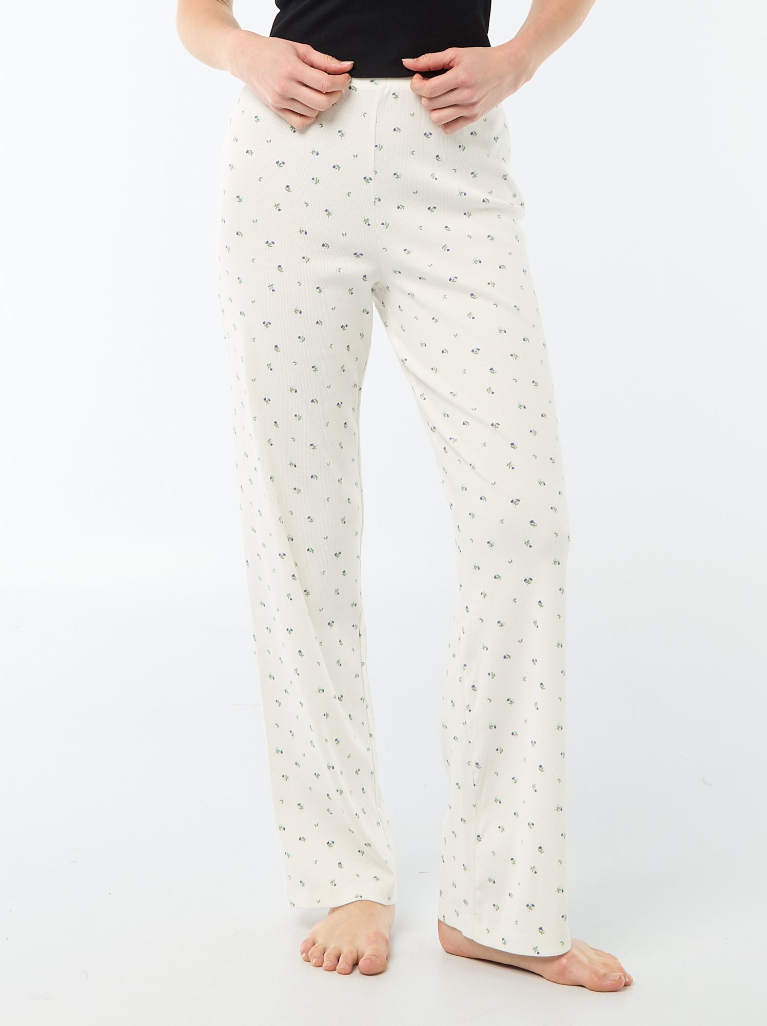 Pantalon côtelé de nuit all-over 'fleur' - Blanc