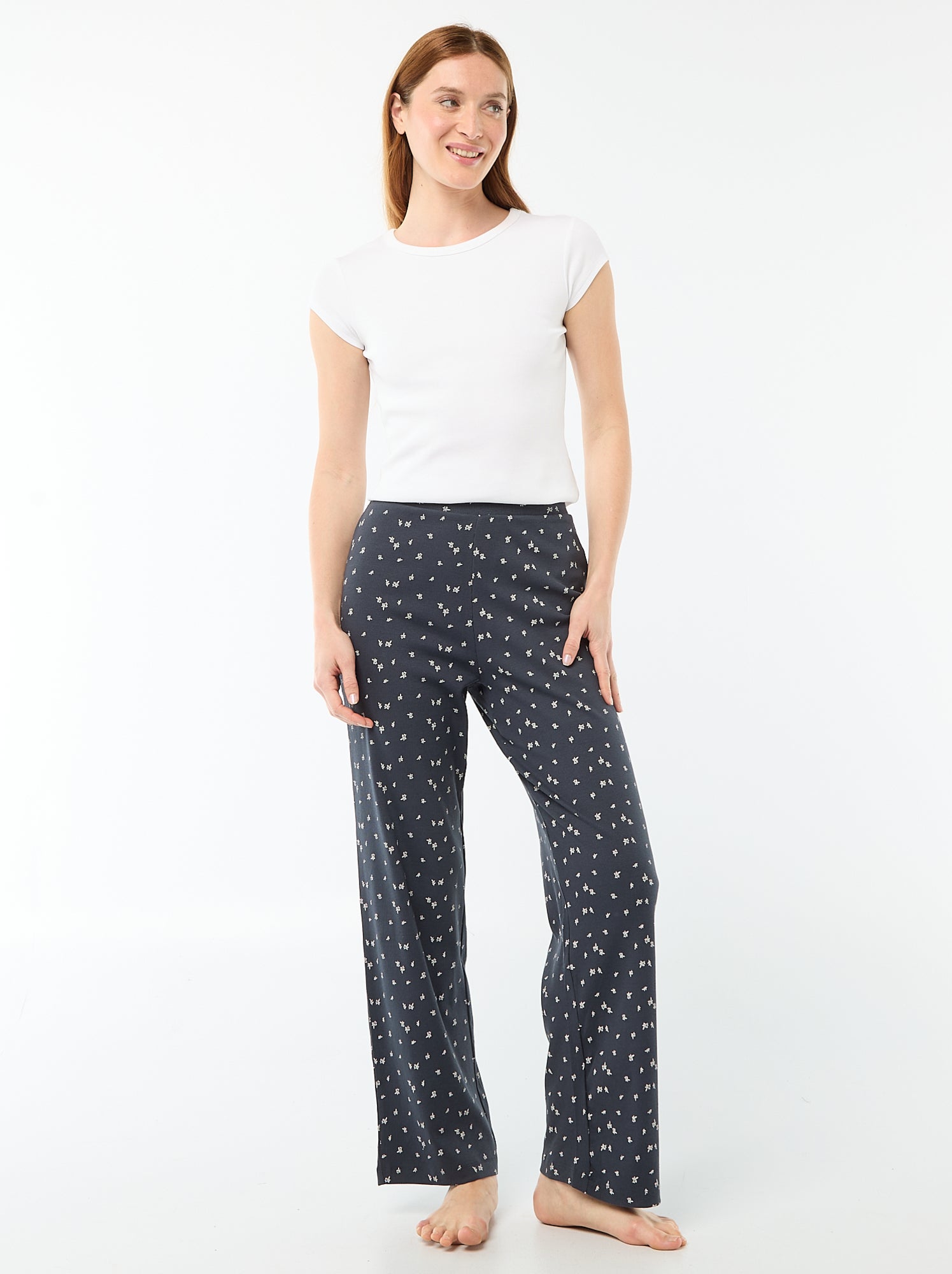 Pantalon côtelé de nuit all-over 'fleur' - Bleu
