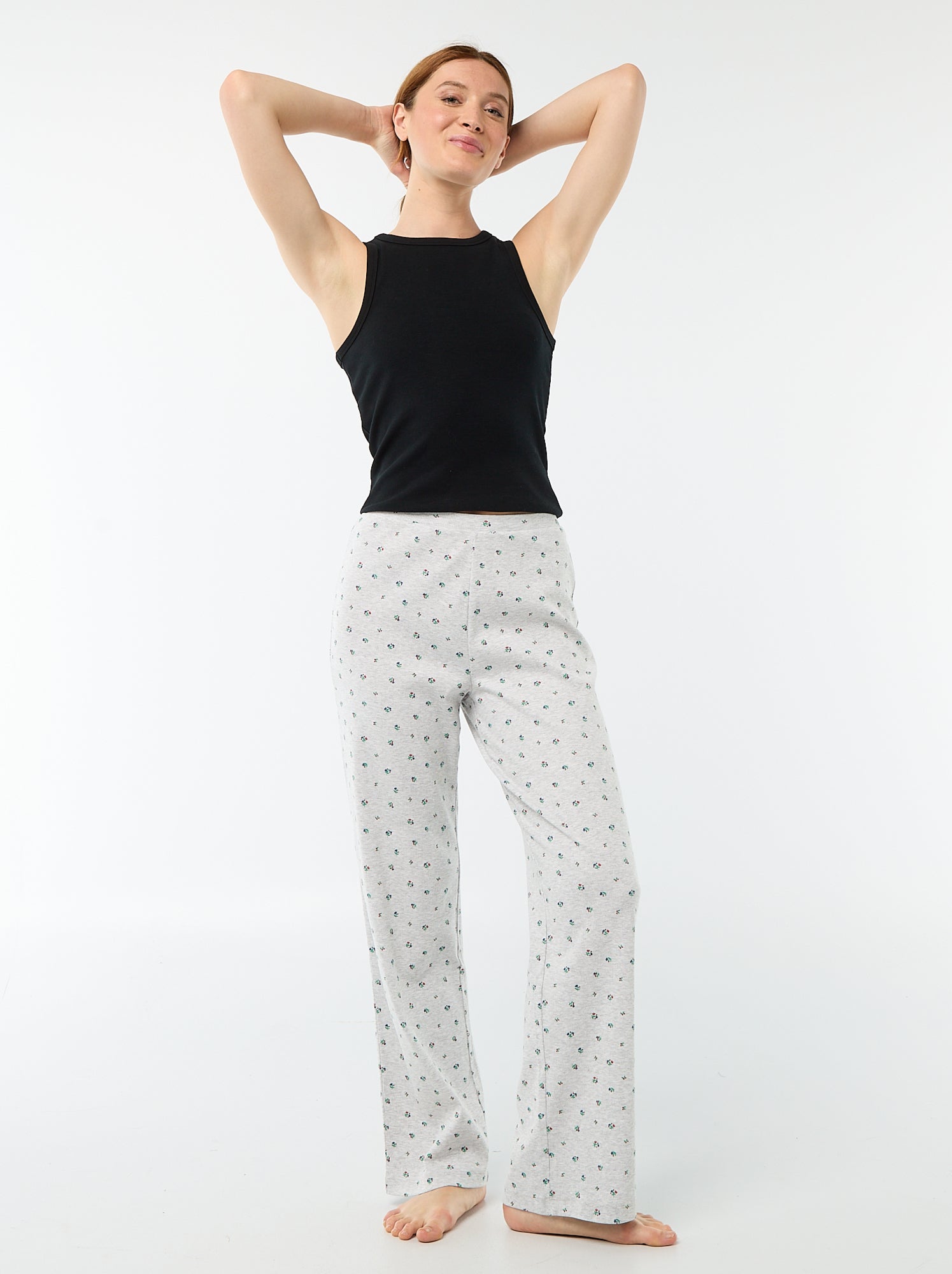 Pantalon côtelé de nuit all-over 'fleur' - Gris