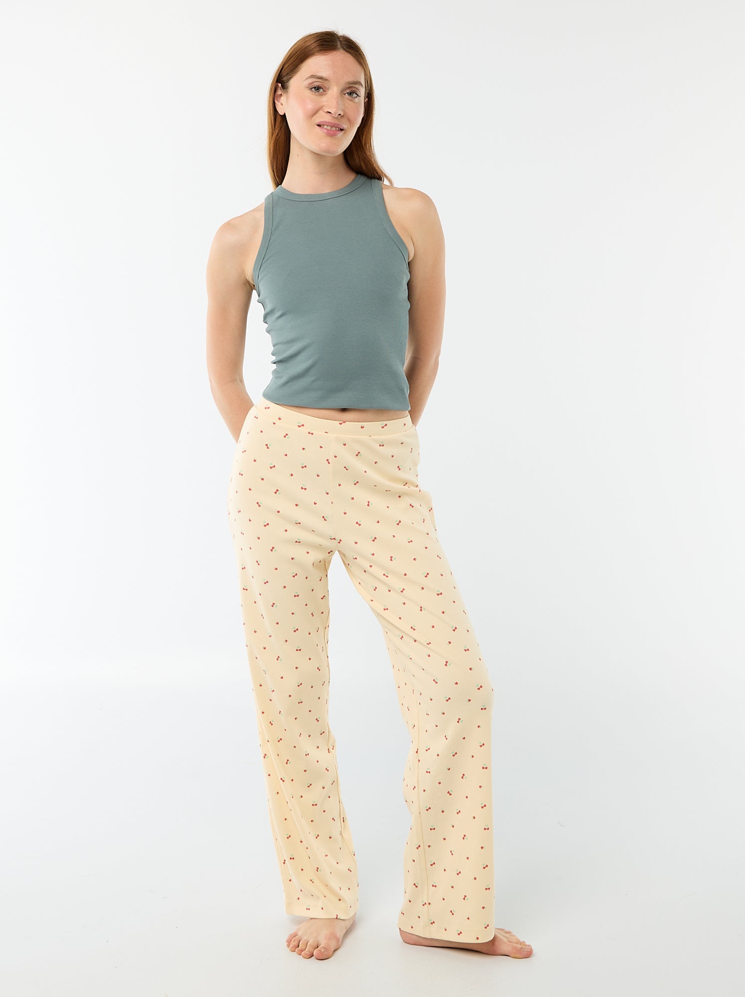 Pantalon côtelé de nuit all-over 'fleur' - Jaune