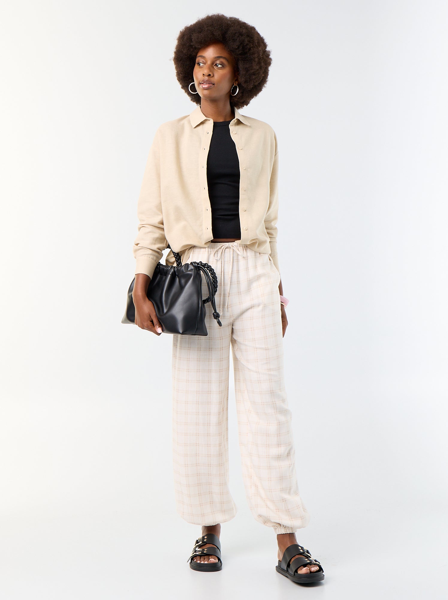 Pantalon coupe balloon uni avec 2 poches - Beige