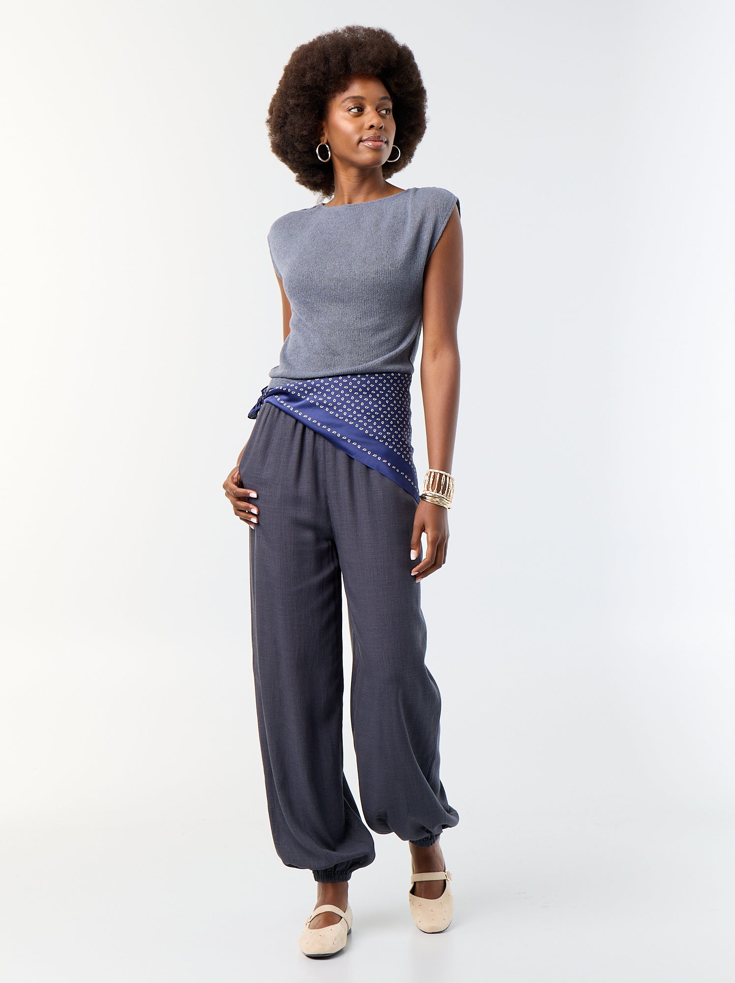 Pantalon coupe balloon uni avec 2 poches - Gris