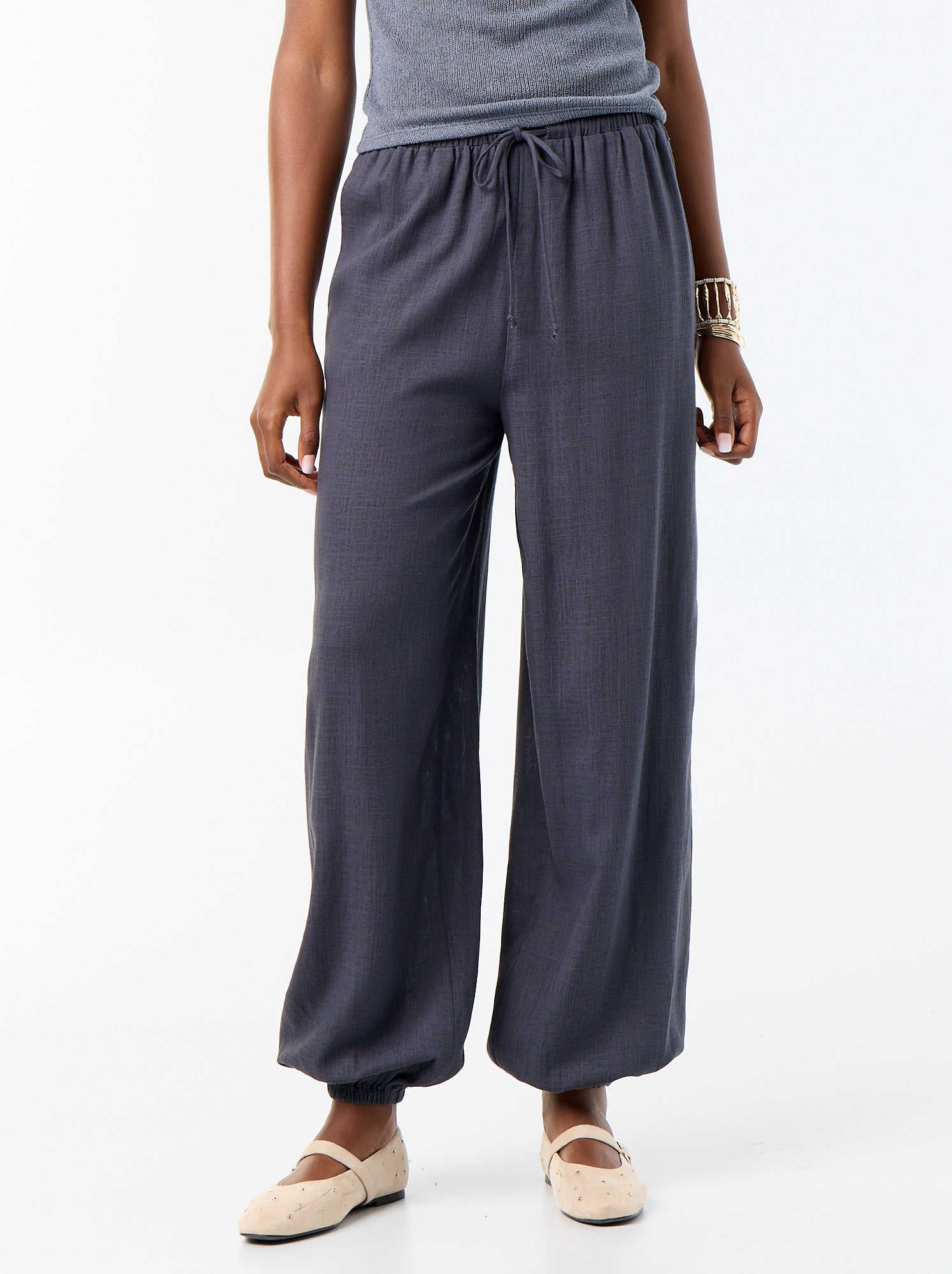 Pantalon coupe balloon uni avec 2 poches - Gris