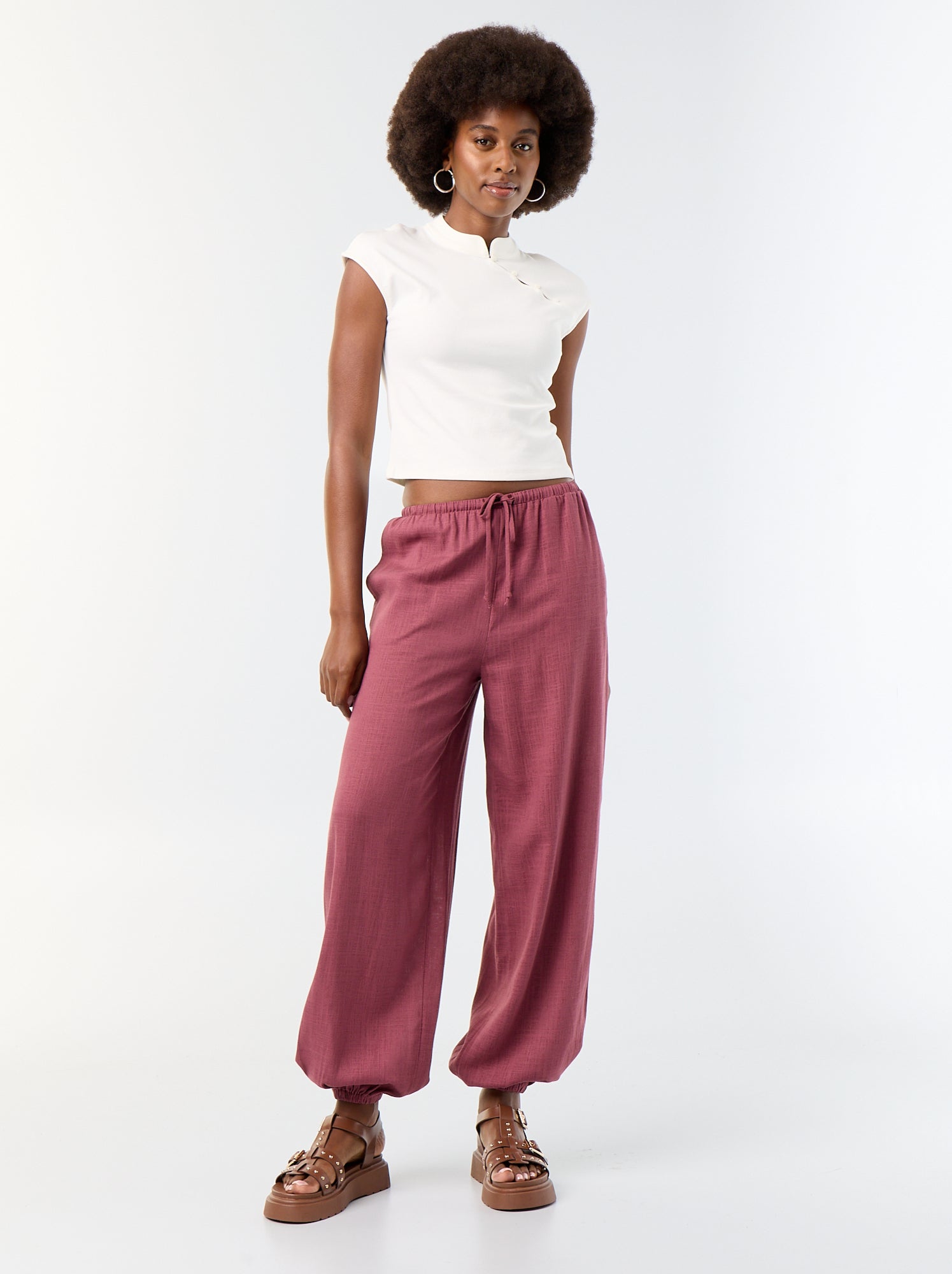 Pantalon coupe balloon uni avec 2 poches - Rose