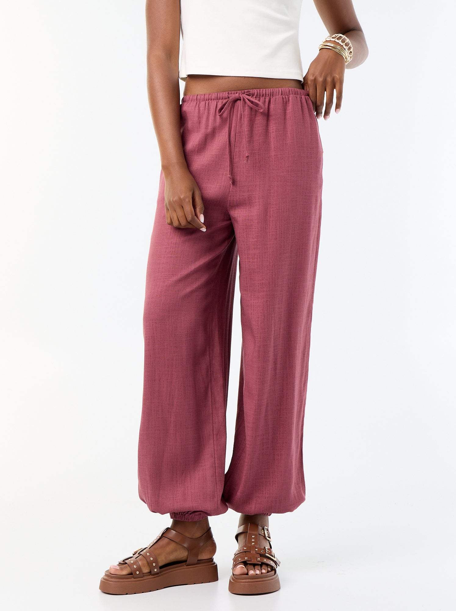 Pantalon coupe balloon uni avec 2 poches - Rose