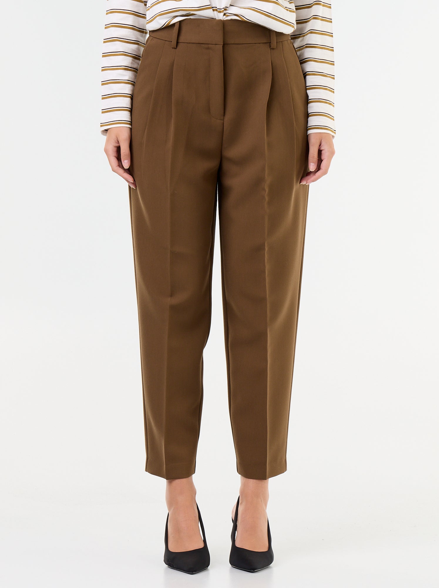 Pantalon coupe carotte taille haute - Marron