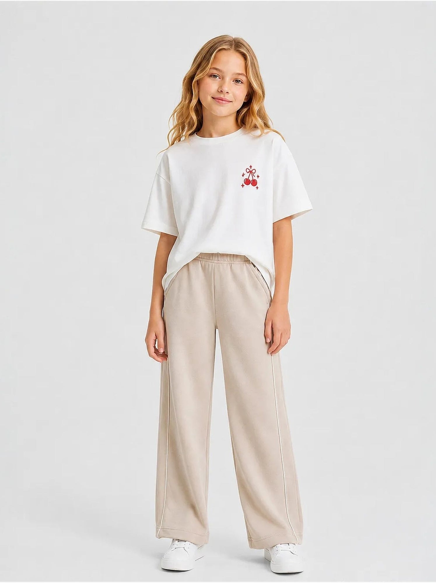 Pantalon de jogging jeunesse à taille élastique jambe large tommy - Beige argile