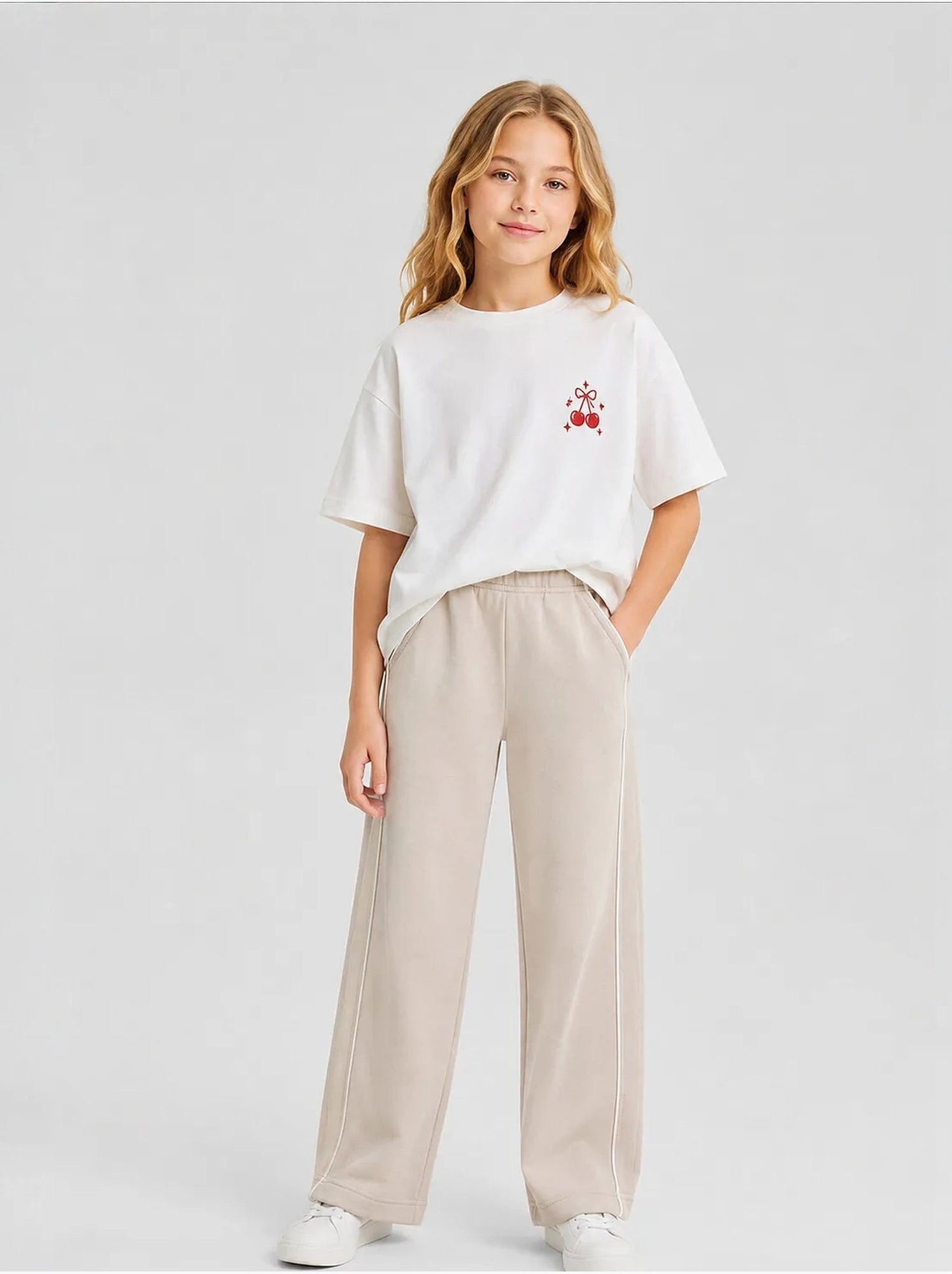 Pantalon de jogging jeunesse à taille élastique jambe large tommy - Beige argile