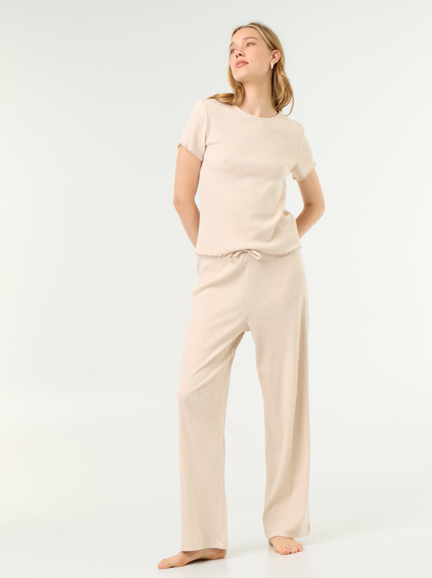 Pantalon de pyjama en maille côtelée - Beige