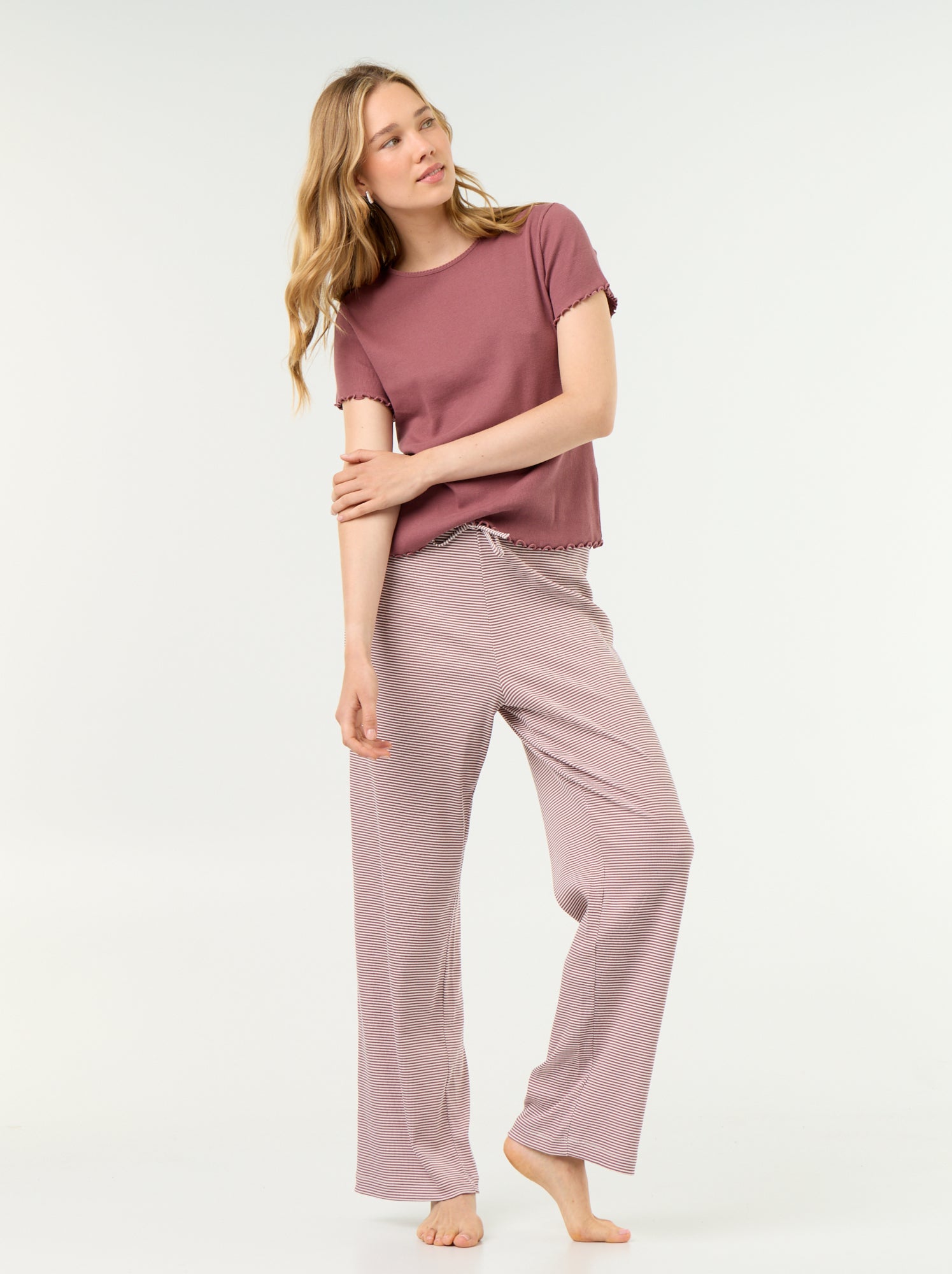 Pantalon de pyjama en maille côtelée - Marron clair