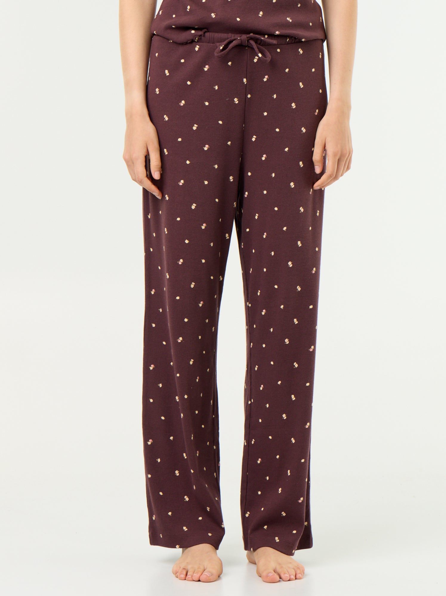 Pantalon de pyjama en maille côtelée - Marron foncé