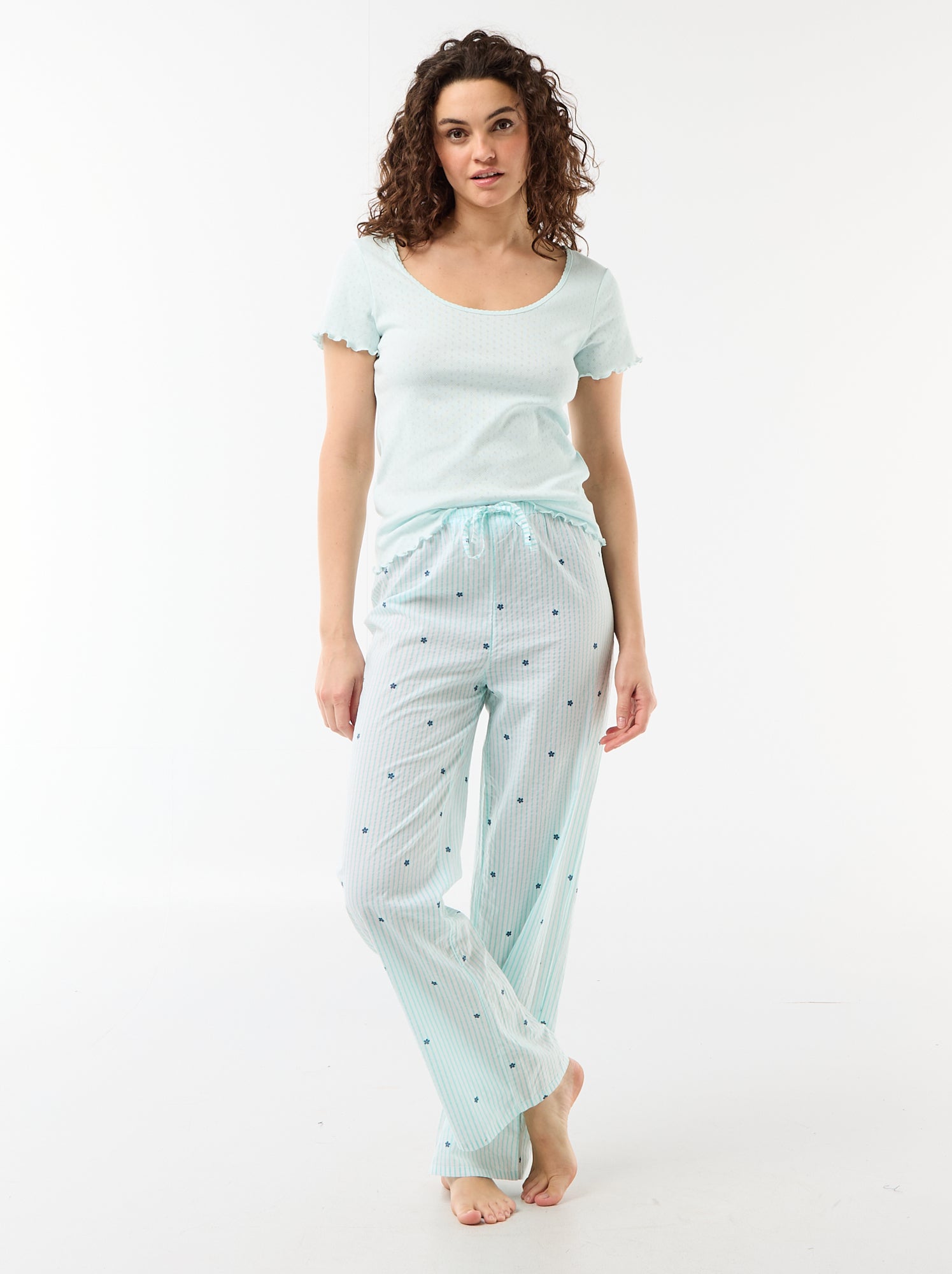 Pantalon de pyjama en voile de coton imprimé - Bleu (FOT24_7)