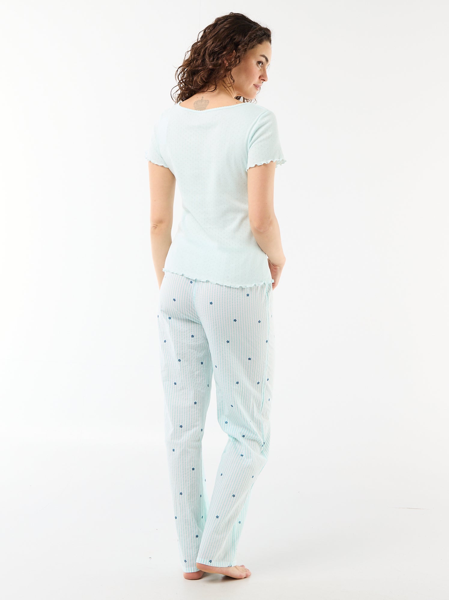 Pantalon de pyjama en voile de coton imprimé - Bleu (FOT24_7)