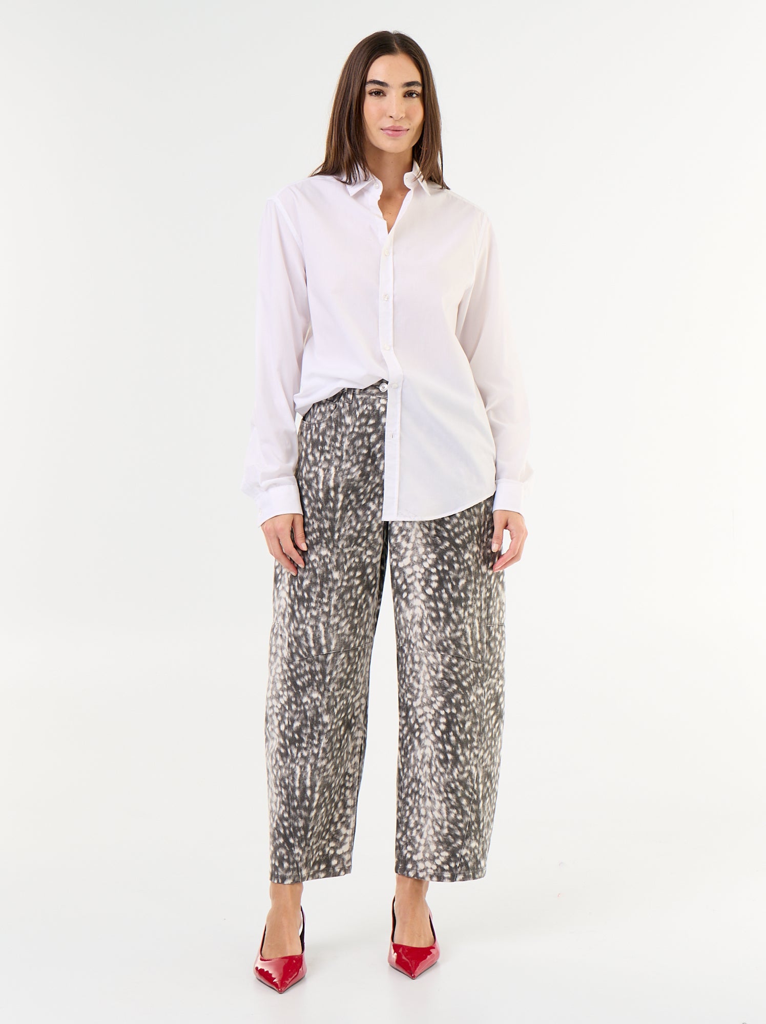 Pantalon denim forme boule taille haute à motif - Gris