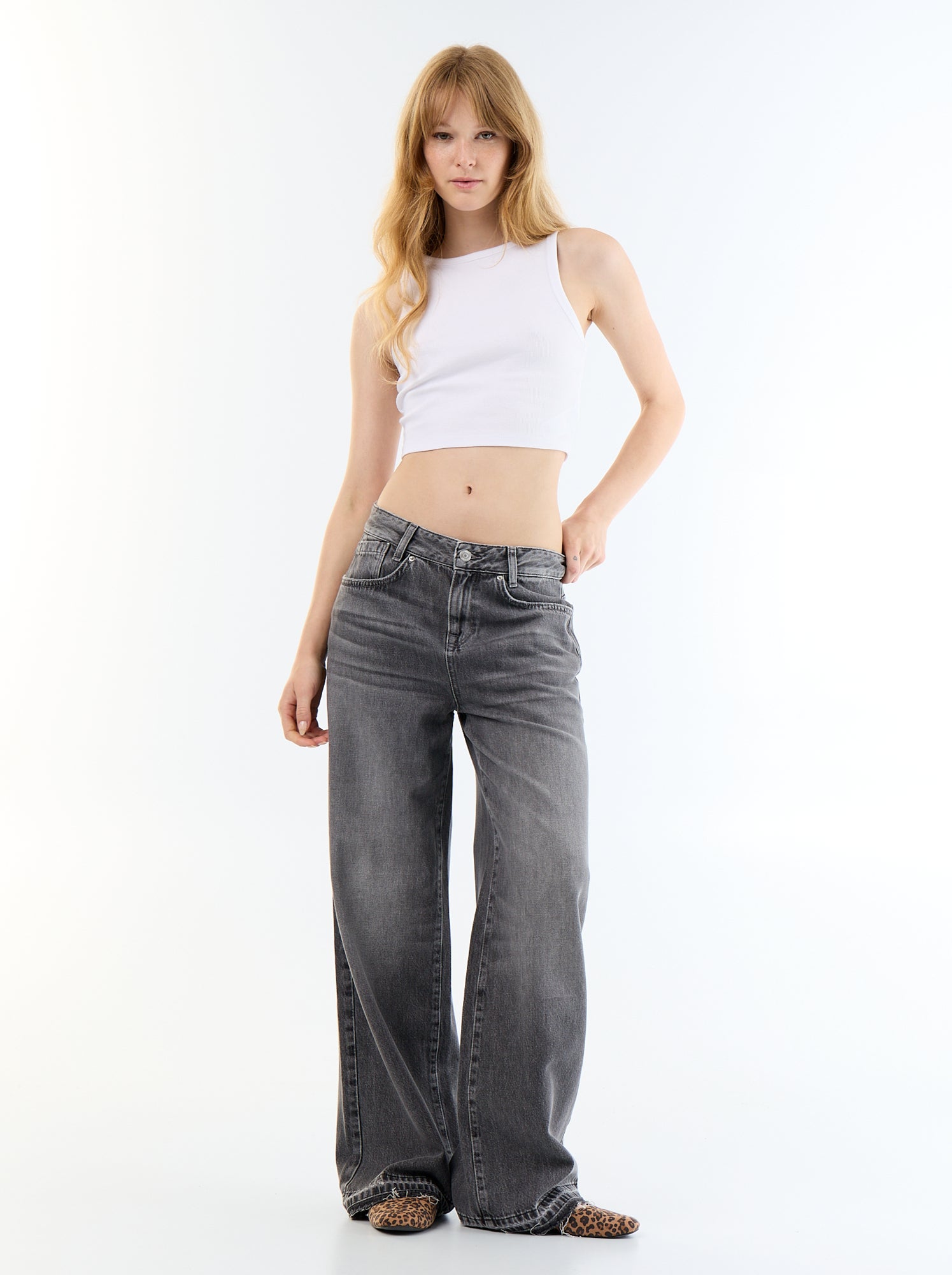 Pantalon denim wide leg effet délavé - Gris