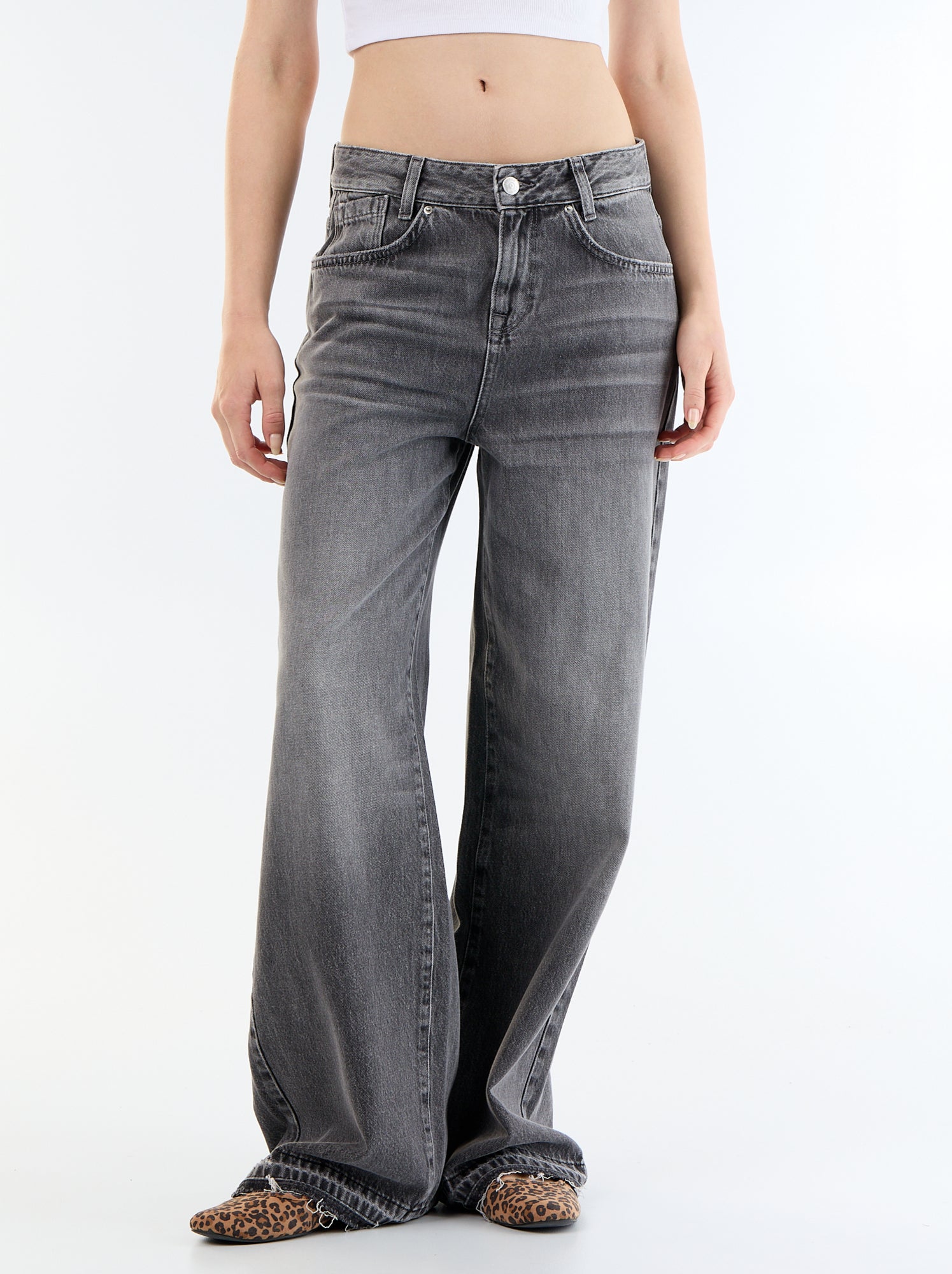 Pantalon denim wide leg effet délavé - Gris