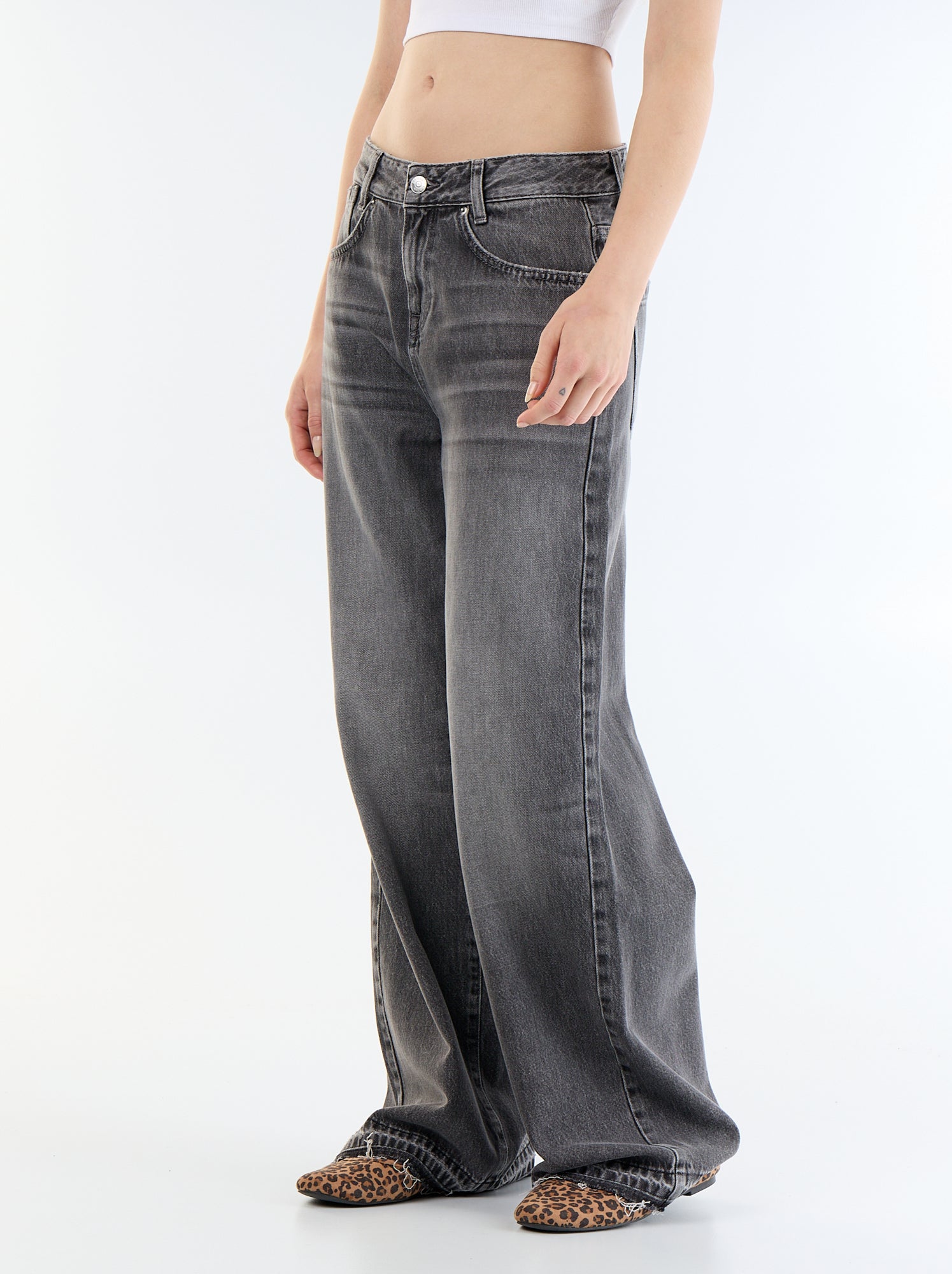 Pantalon denim wide leg effet délavé - Gris