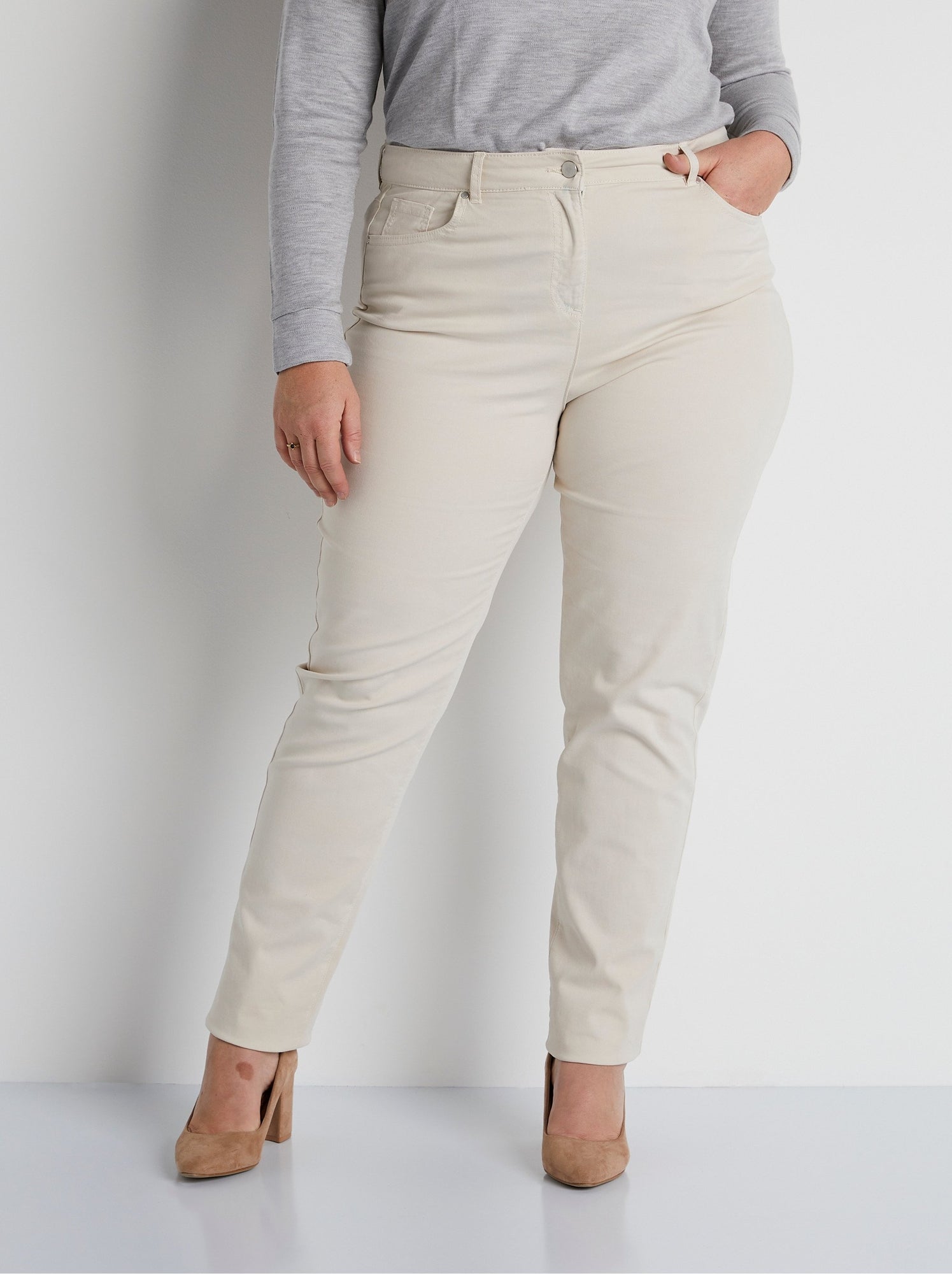 Pantalon droit 5 poches coton stretch - afibel - Beige