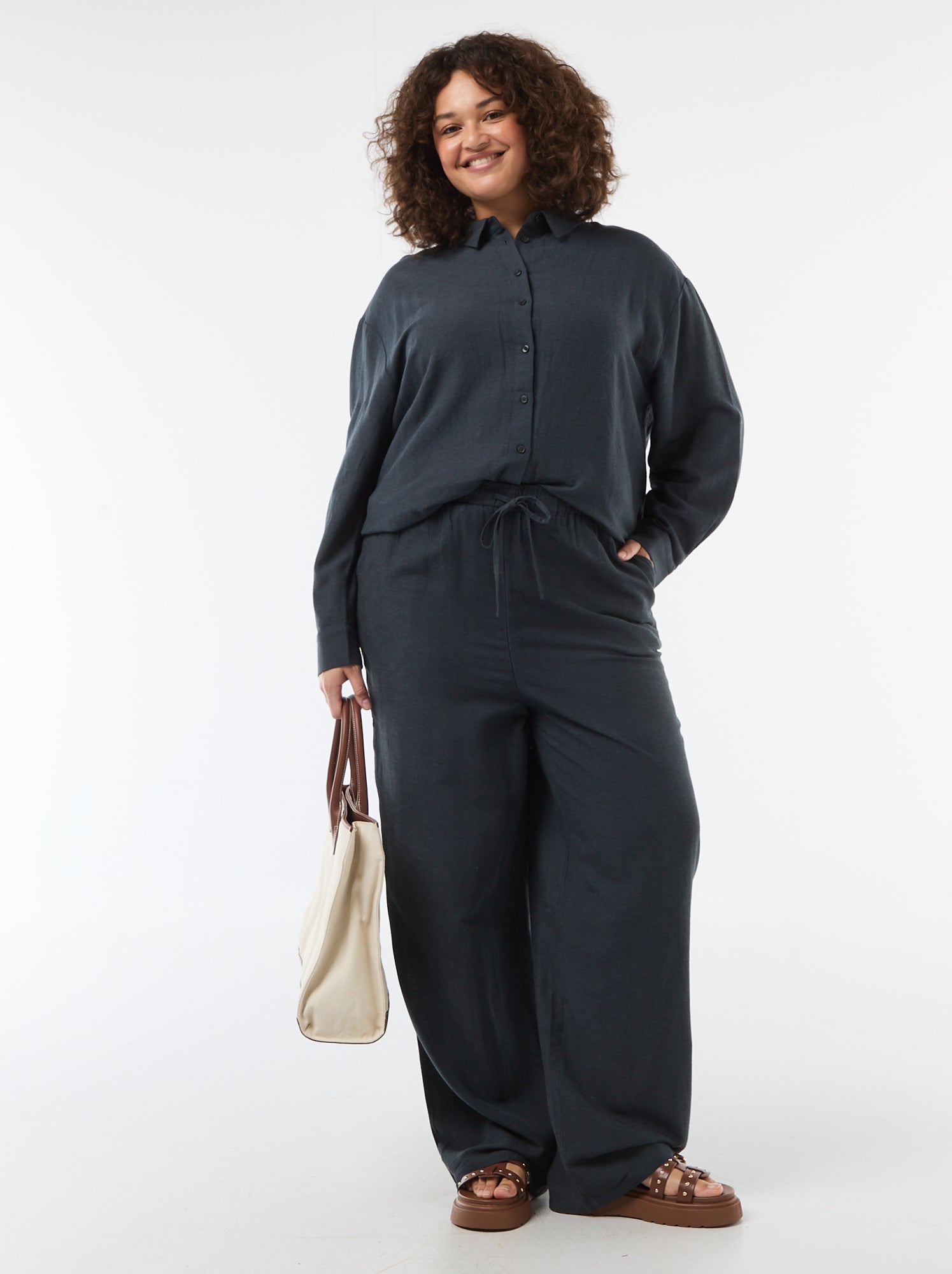 Pantalon droit en lin mélangé - Bleu