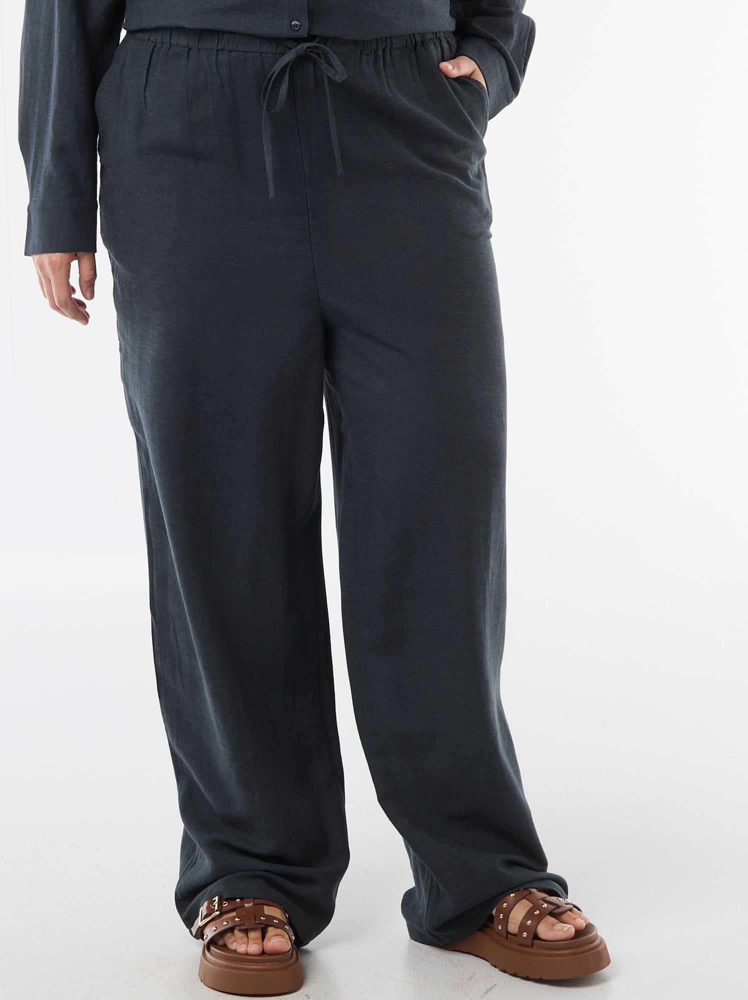 Pantalon droit en lin mélangé - Bleu