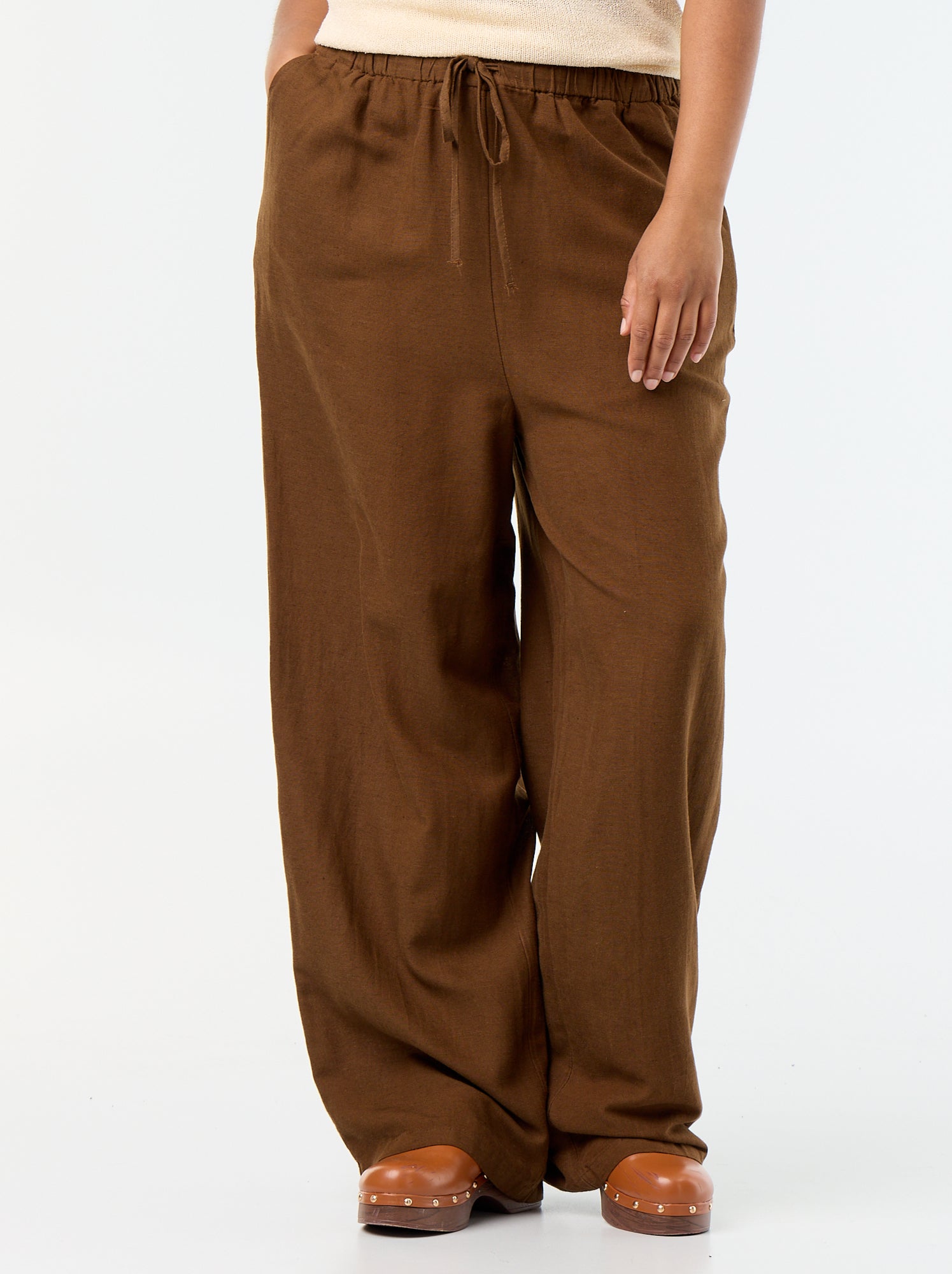 Pantalon droit en lin mélangé - Marron (FDJ55_7)