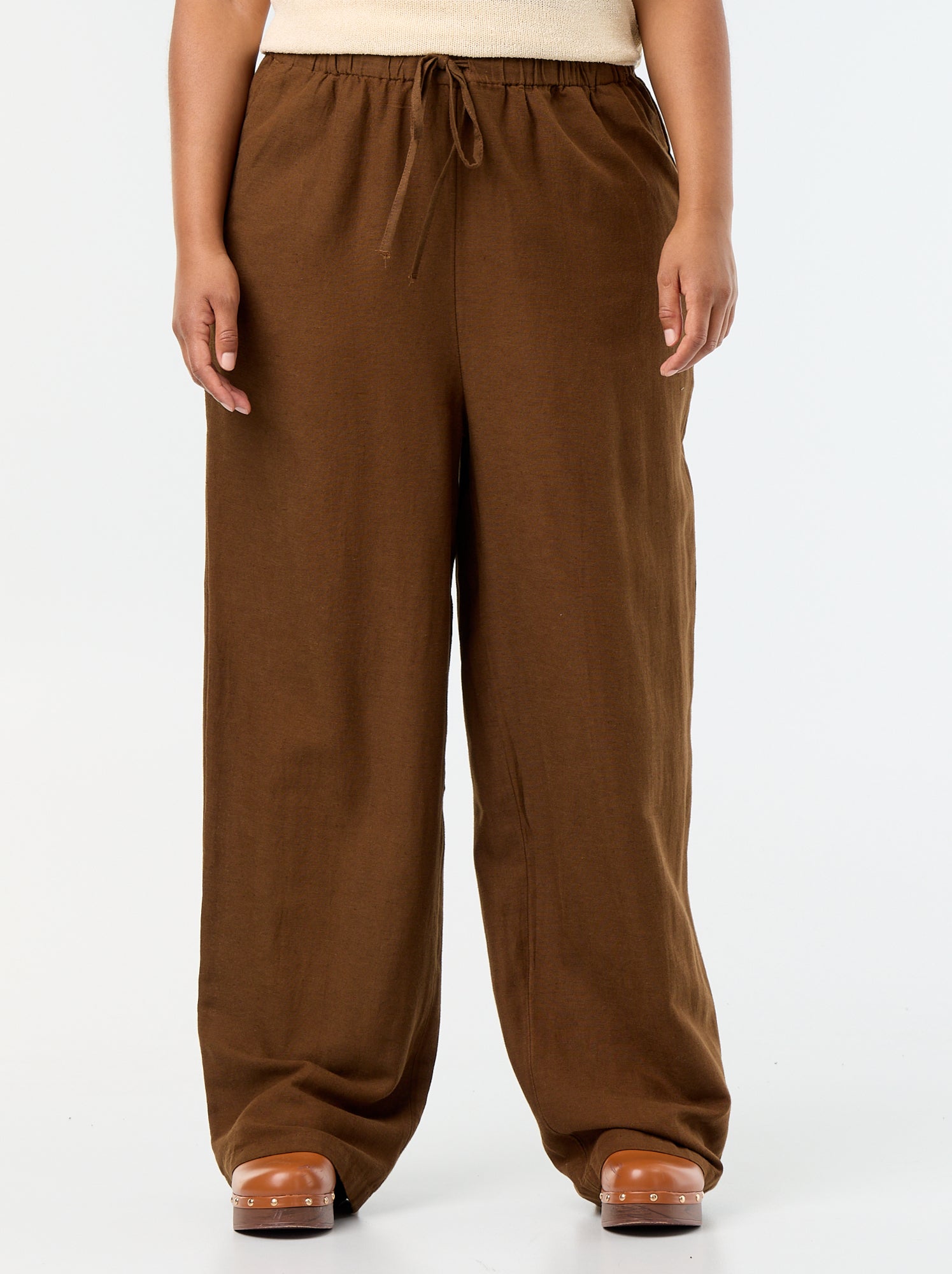 Pantalon droit en lin mélangé - Marron (FDJ55_7)