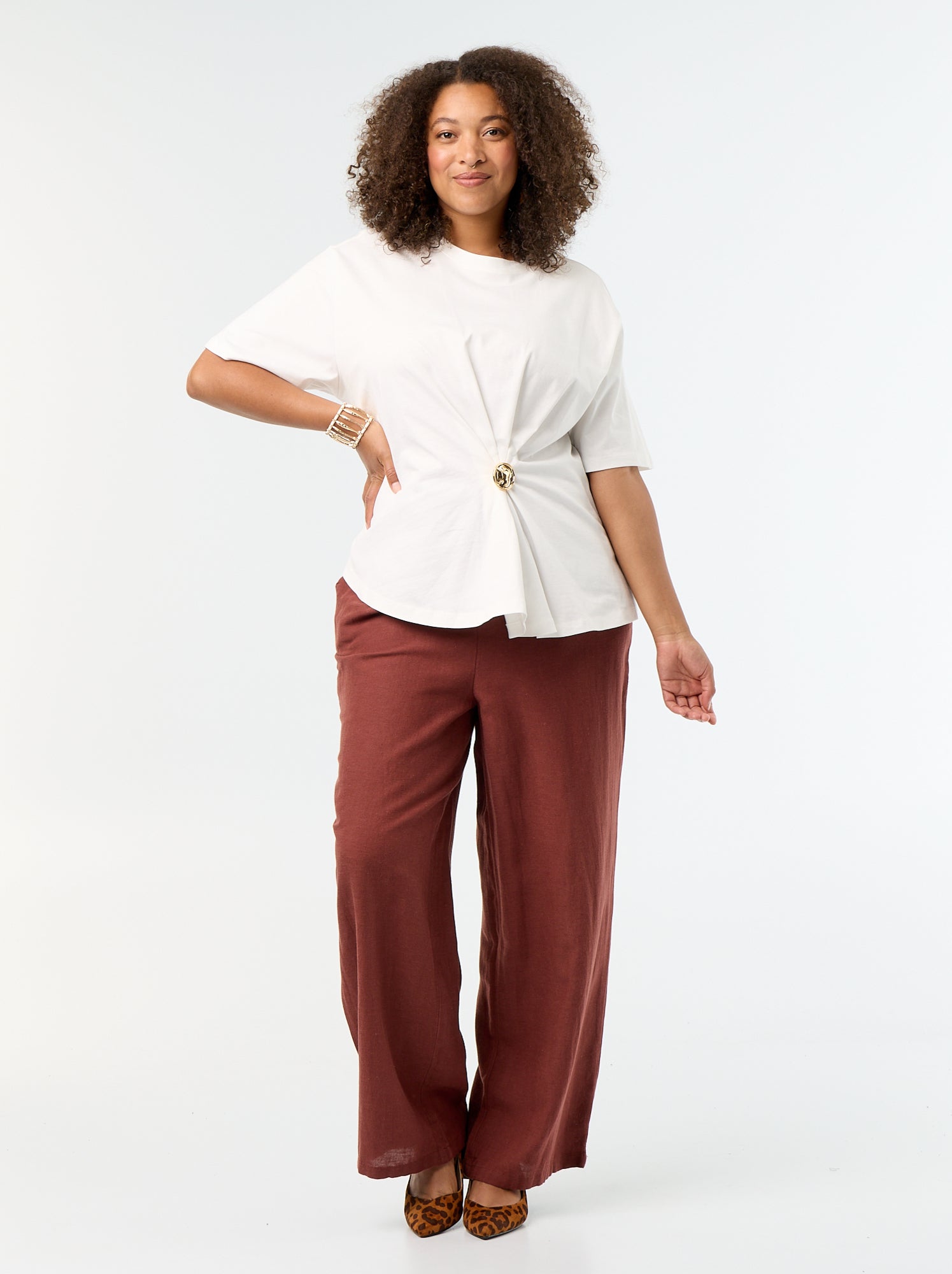 Pantalon droit en lin mélangé - Marron (FDJ55_8)