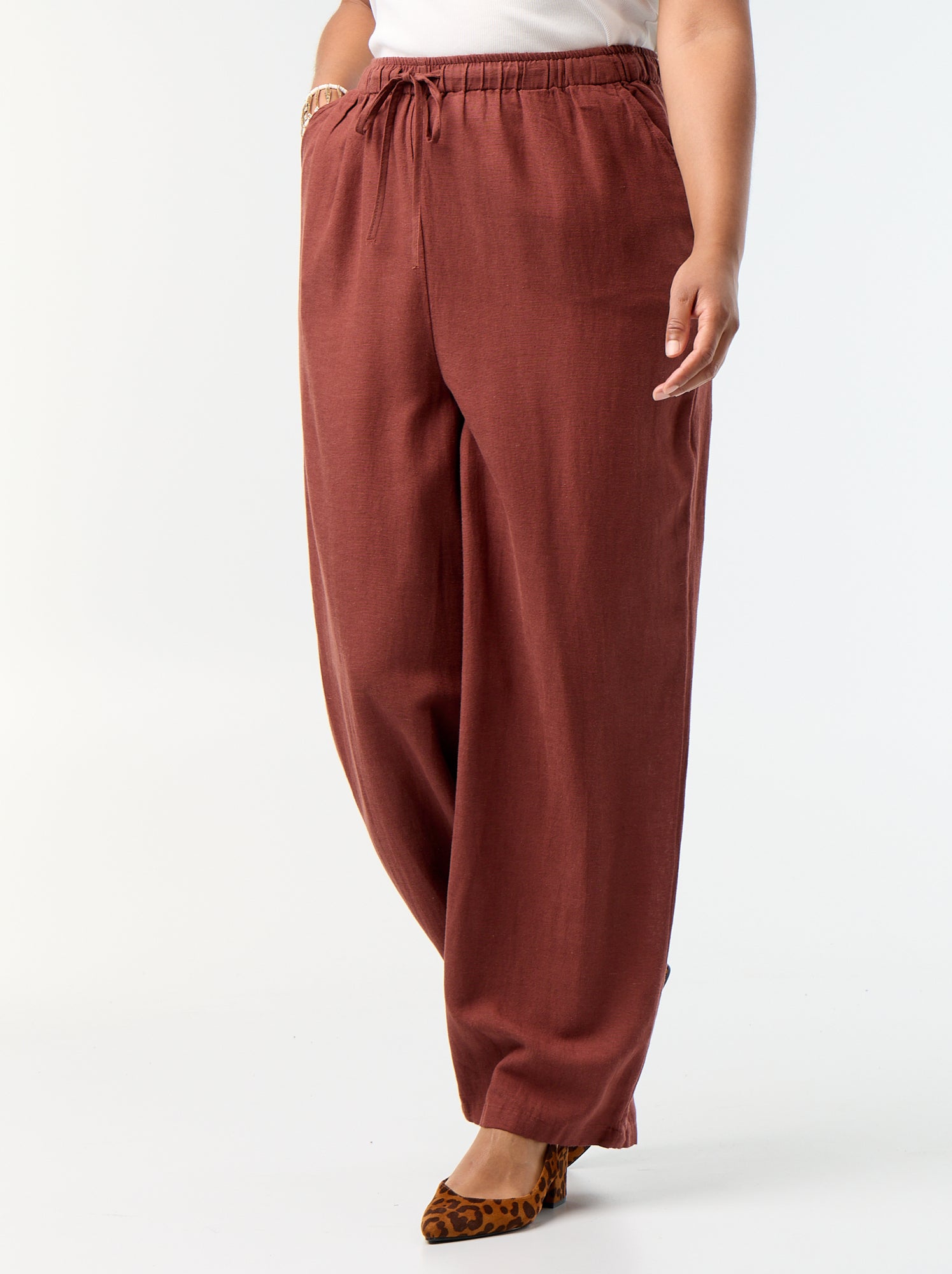 Pantalon droit en lin mélangé - Marron (FDJ55_8)