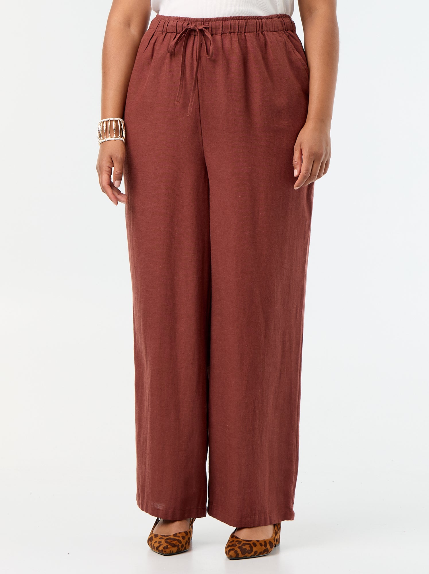 Pantalon droit en lin mélangé - Marron (FDJ55_8)