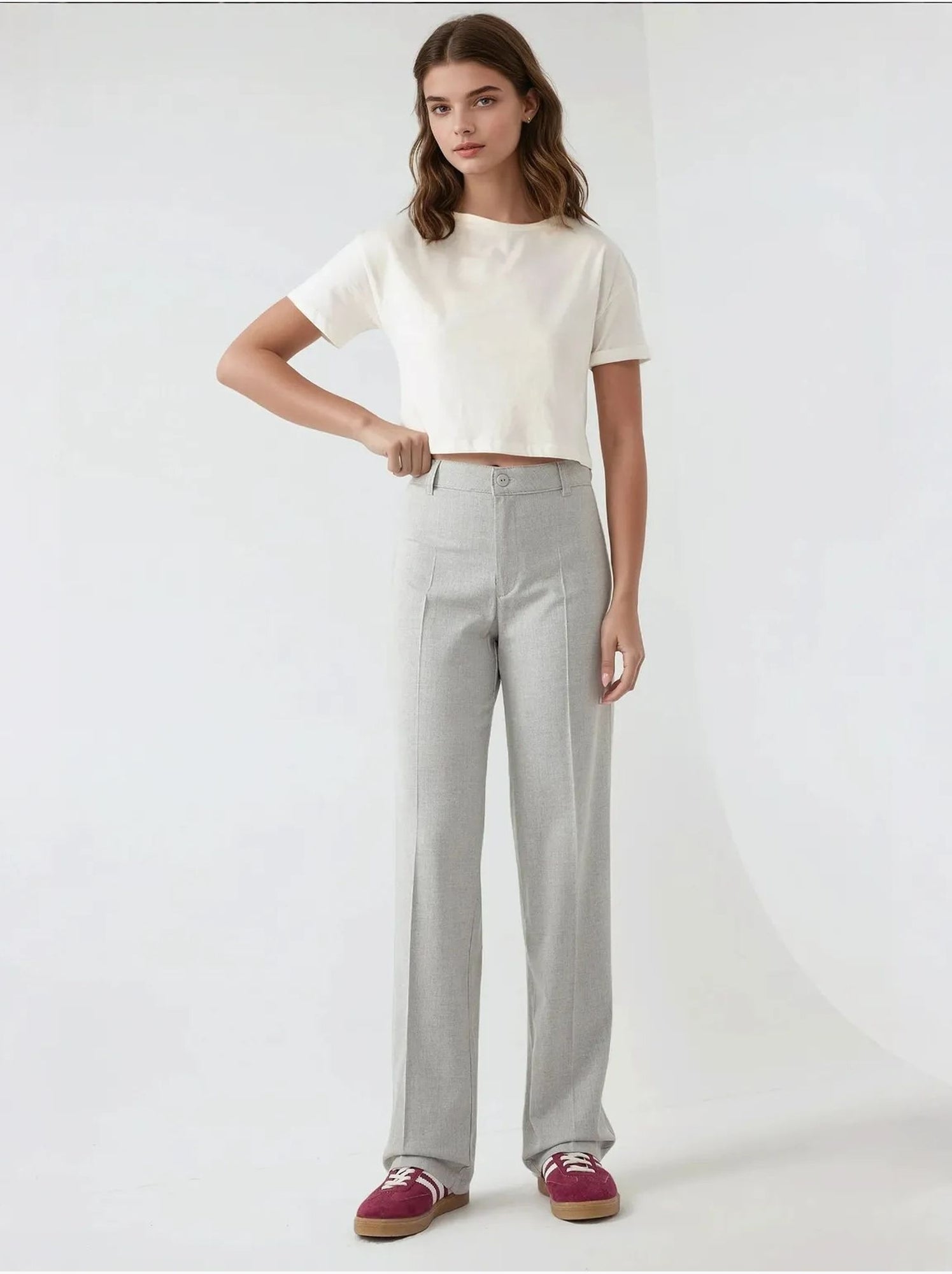 Pantalon droit taille haute - Gris clair