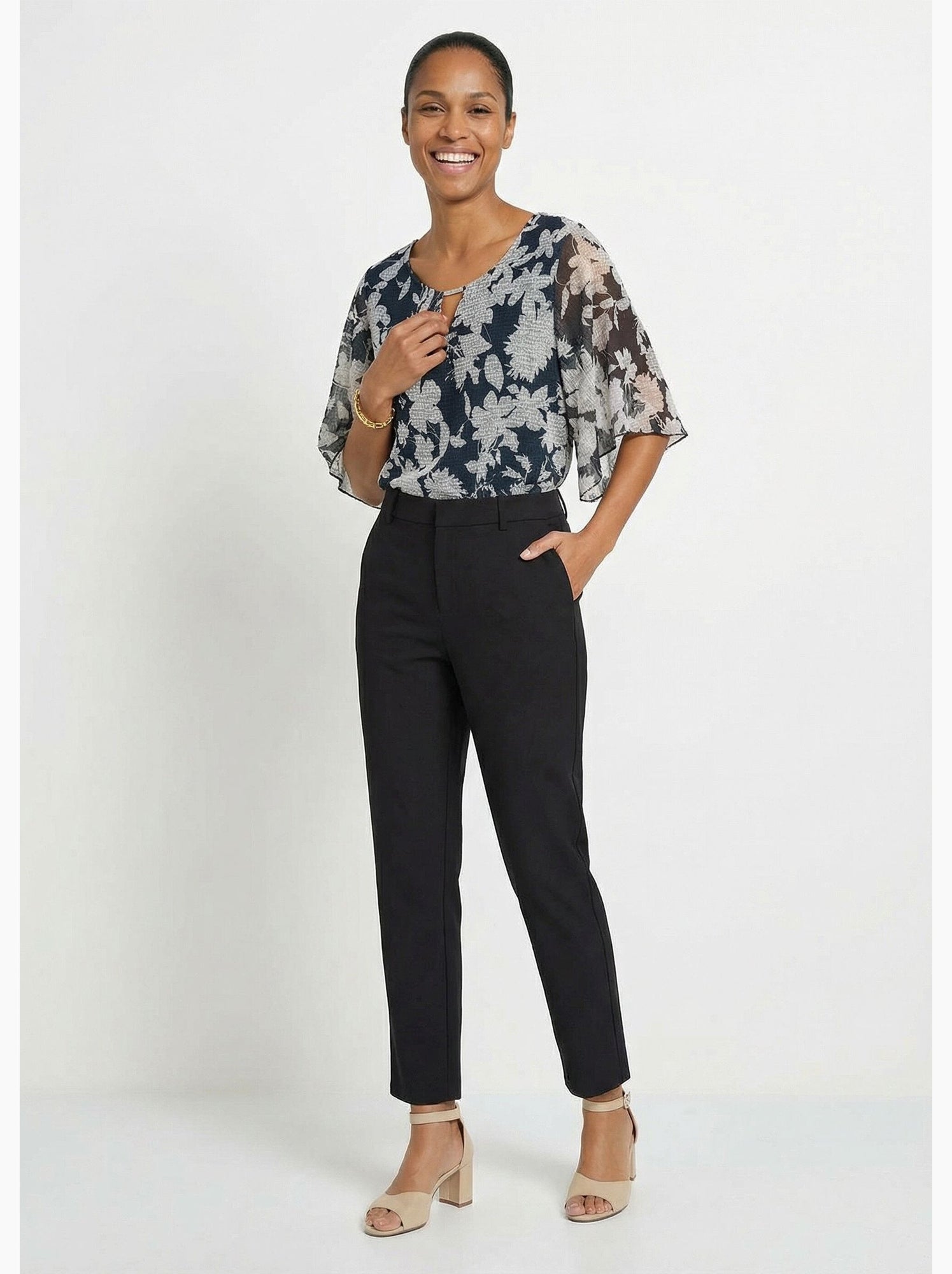 Pantalon droit tailleur fluide taille élastiquée - afibel - Noir