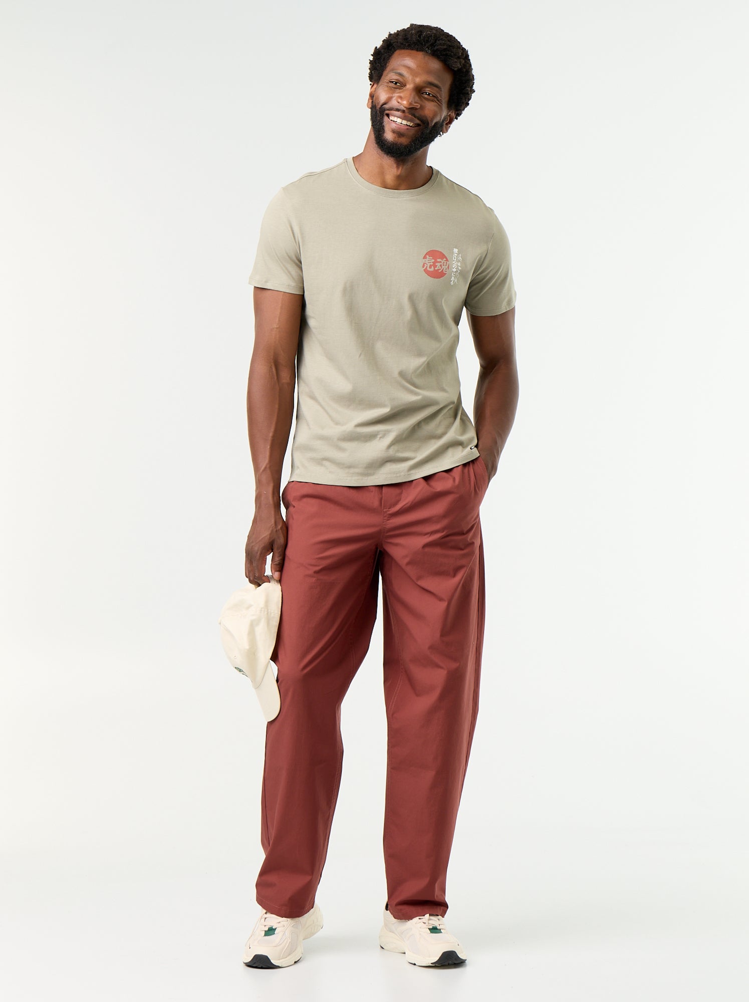 Pantalon en popeline taille élastiquée - Marron