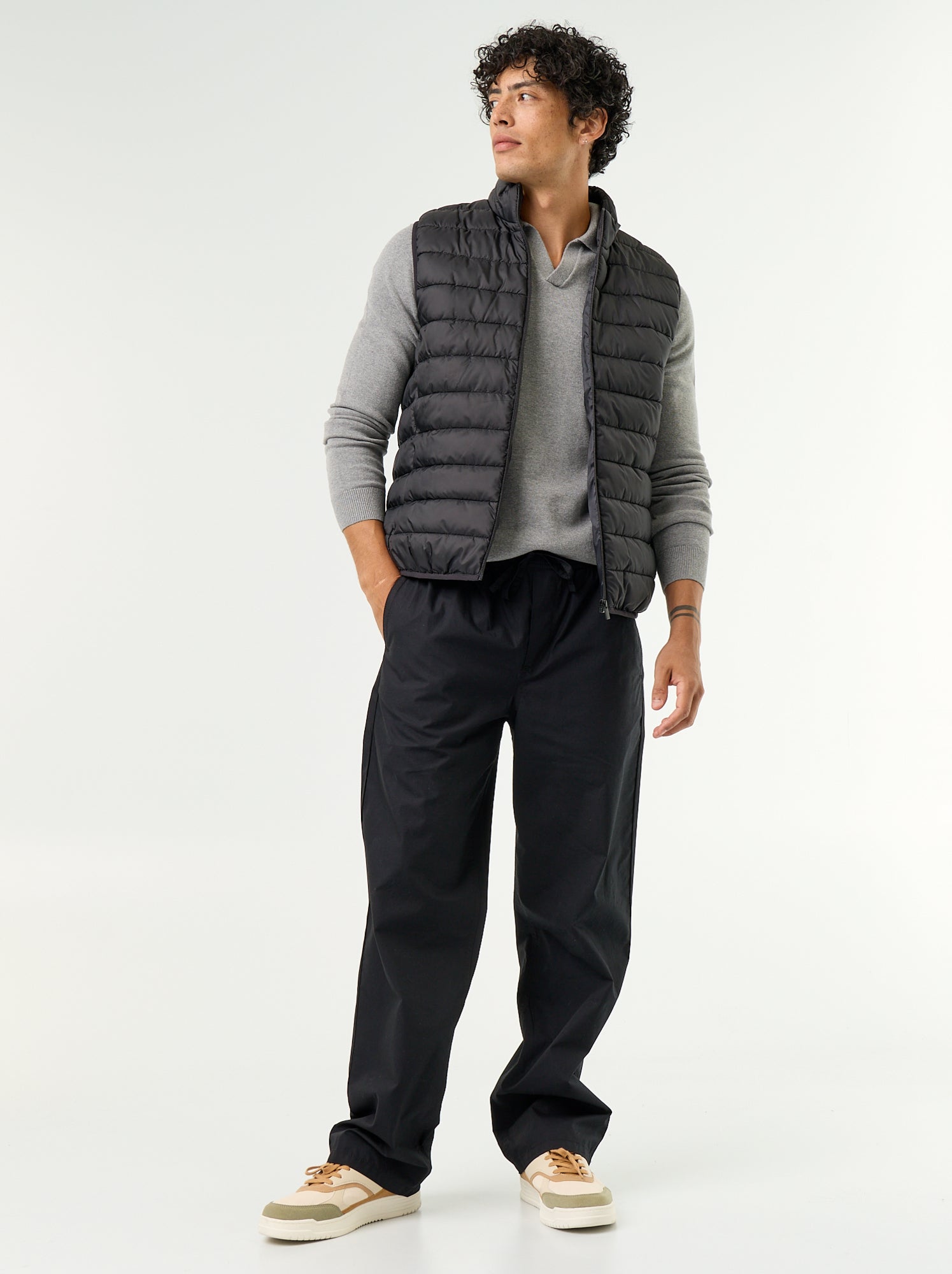 Pantalon en popeline taille élastiquée - Noir
