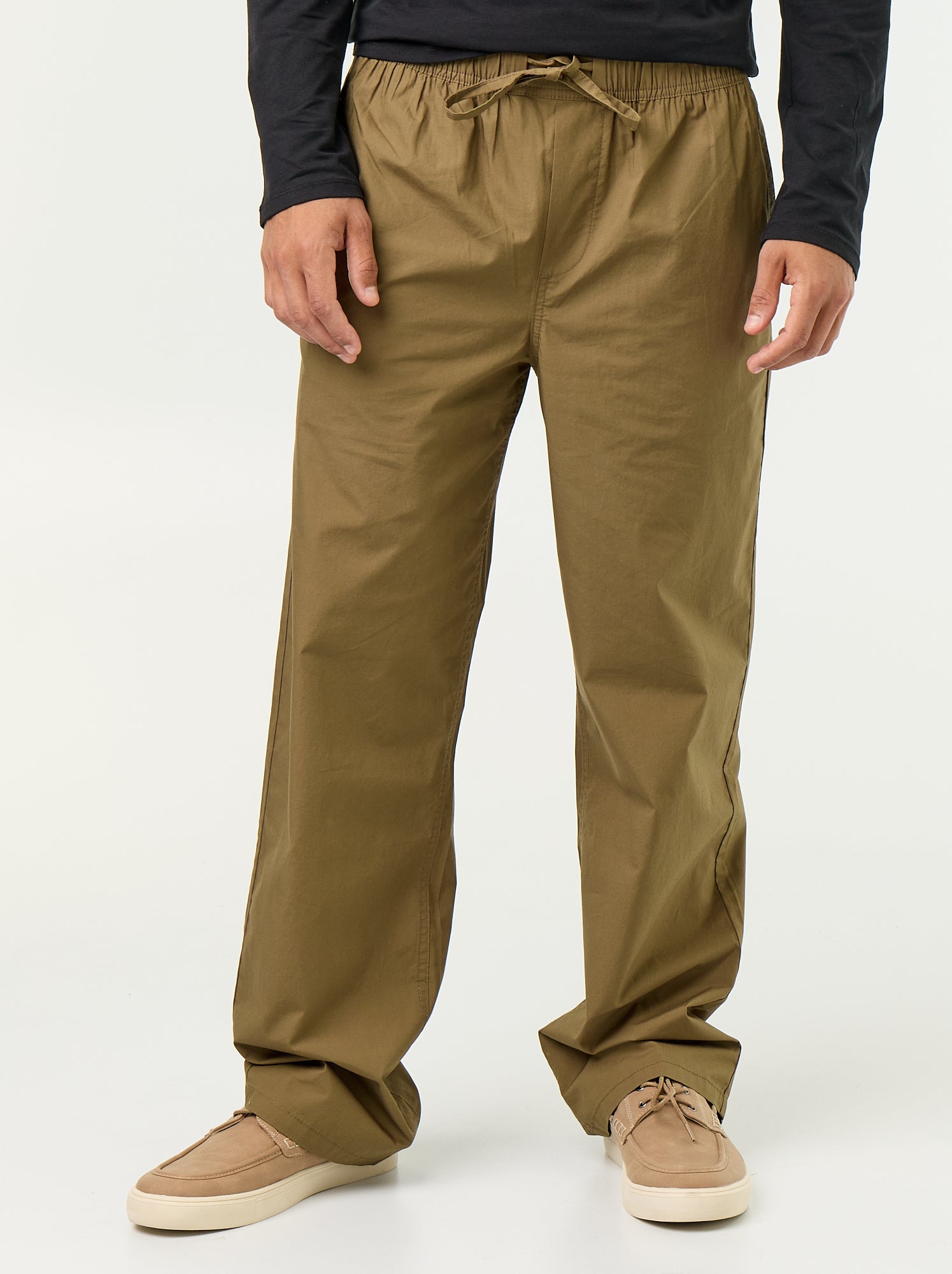 Pantalon en popeline taille élastiquée - Vert