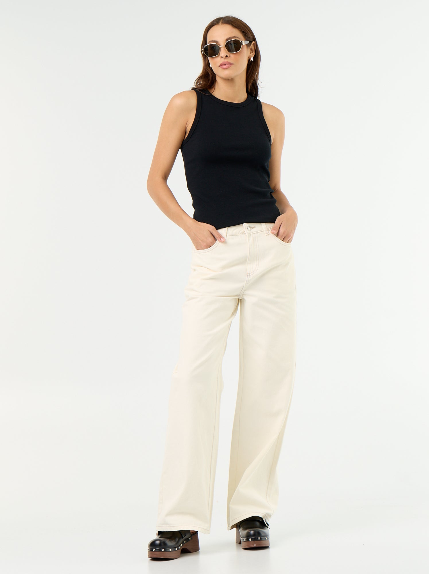 Pantalon en twill taille haute coupe wide leg - Beige