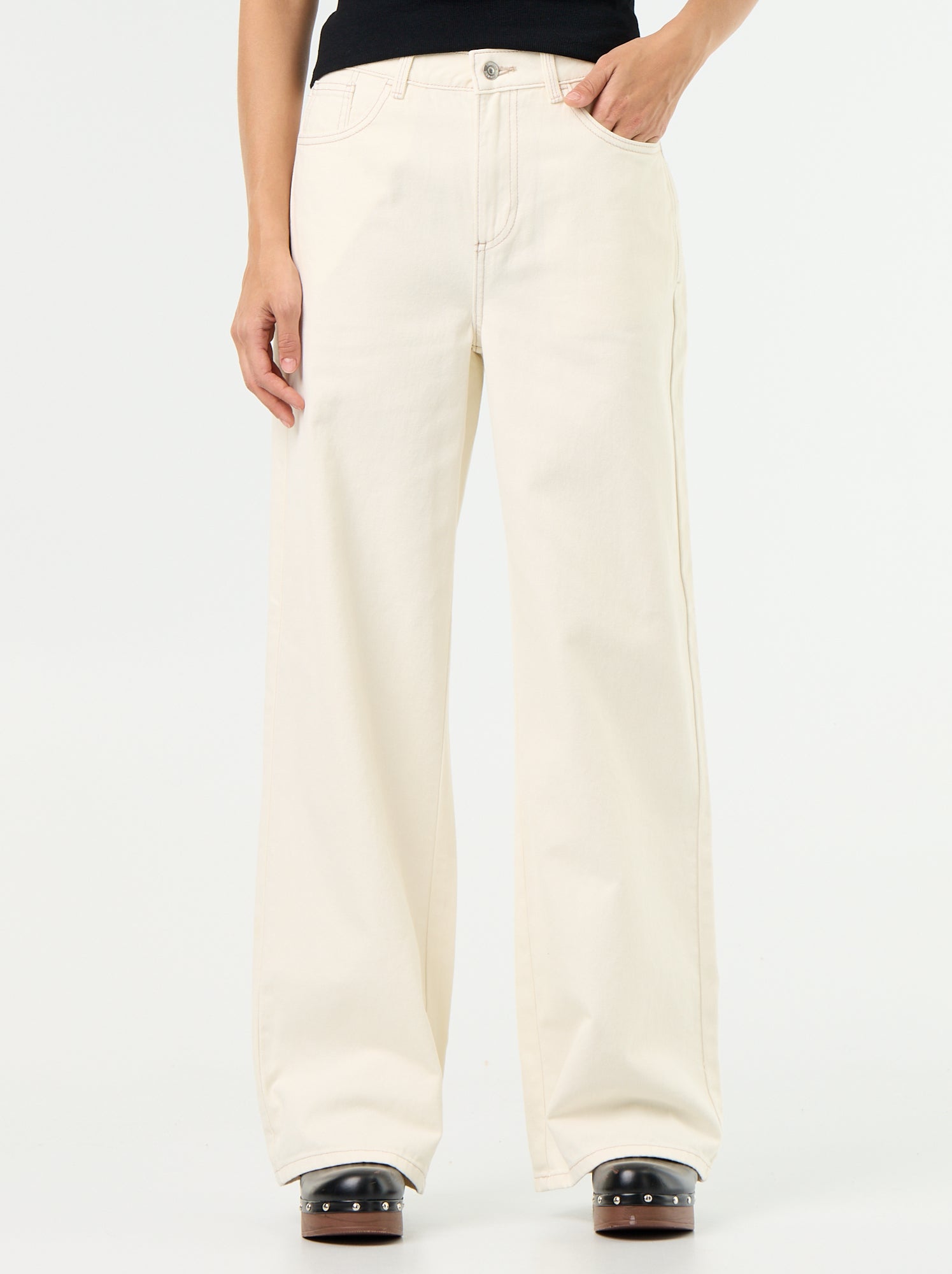 Pantalon en twill taille haute coupe wide leg - Beige