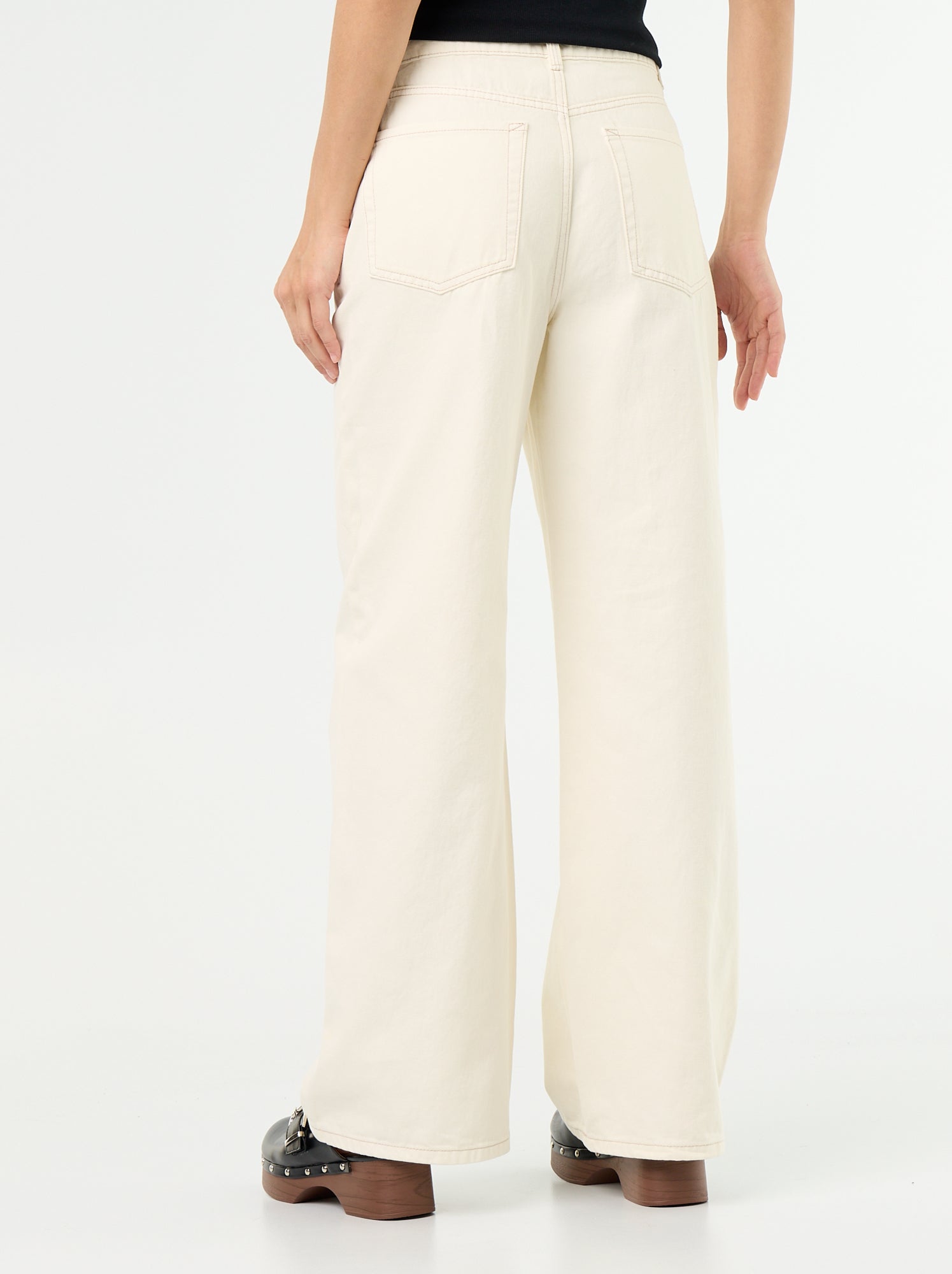 Pantalon en twill taille haute coupe wide leg - Beige